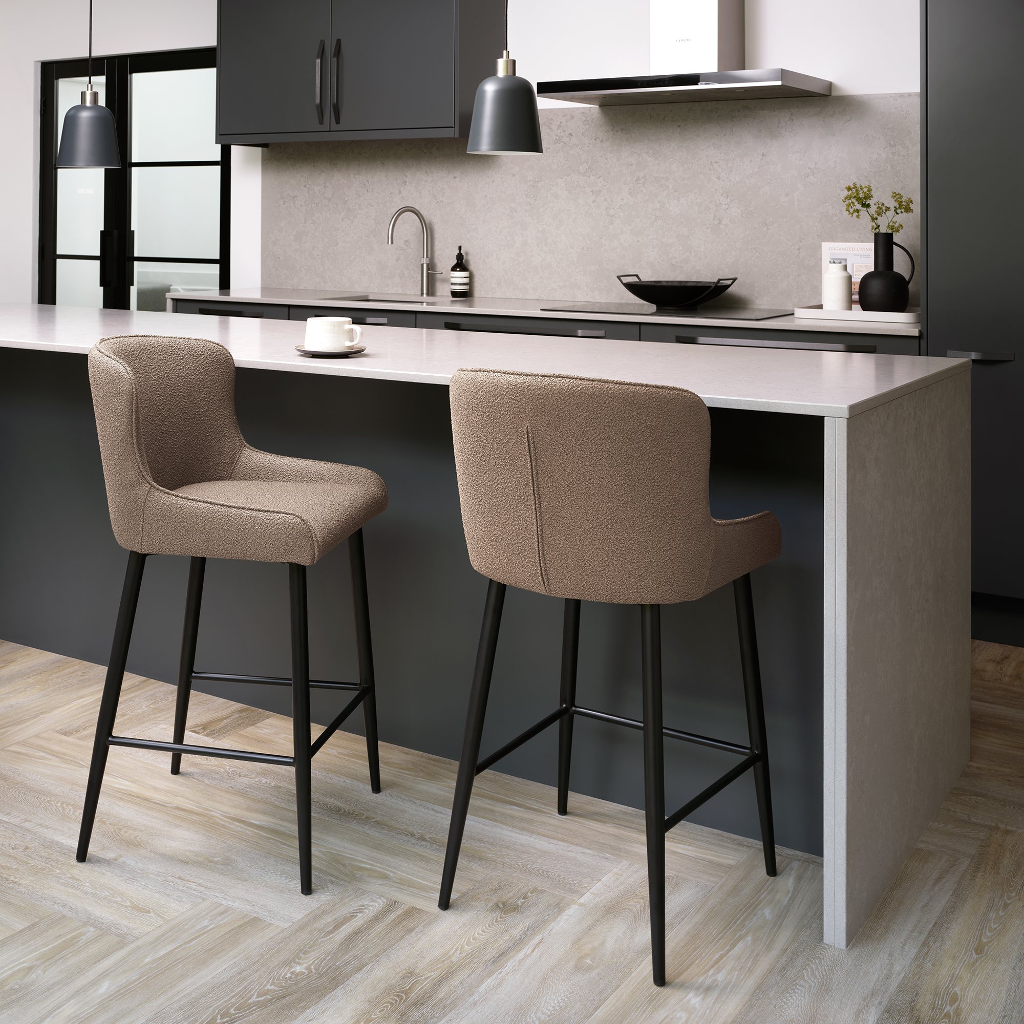 Rubens Mocha Beige Boucle Fabric Bar Stools with Black Legs