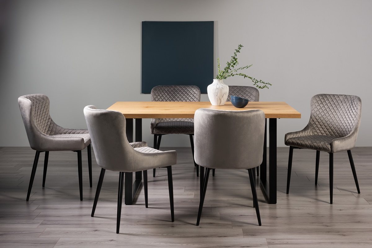 Ramsay U Leg Oak Effect 6 Seater Dining Table & 6 Cezanne Chairs in Grey Velvet Fabric with Black Legs