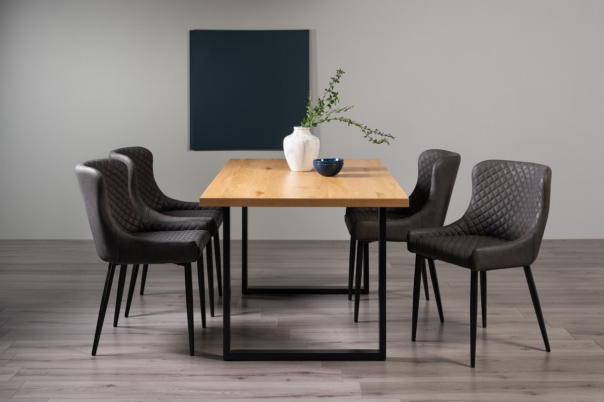Ramsay U Leg Oak Effect 6 Seater Dining Table & 4 Cezanne Chairs in Dark Grey Faux Leather with Black Legs