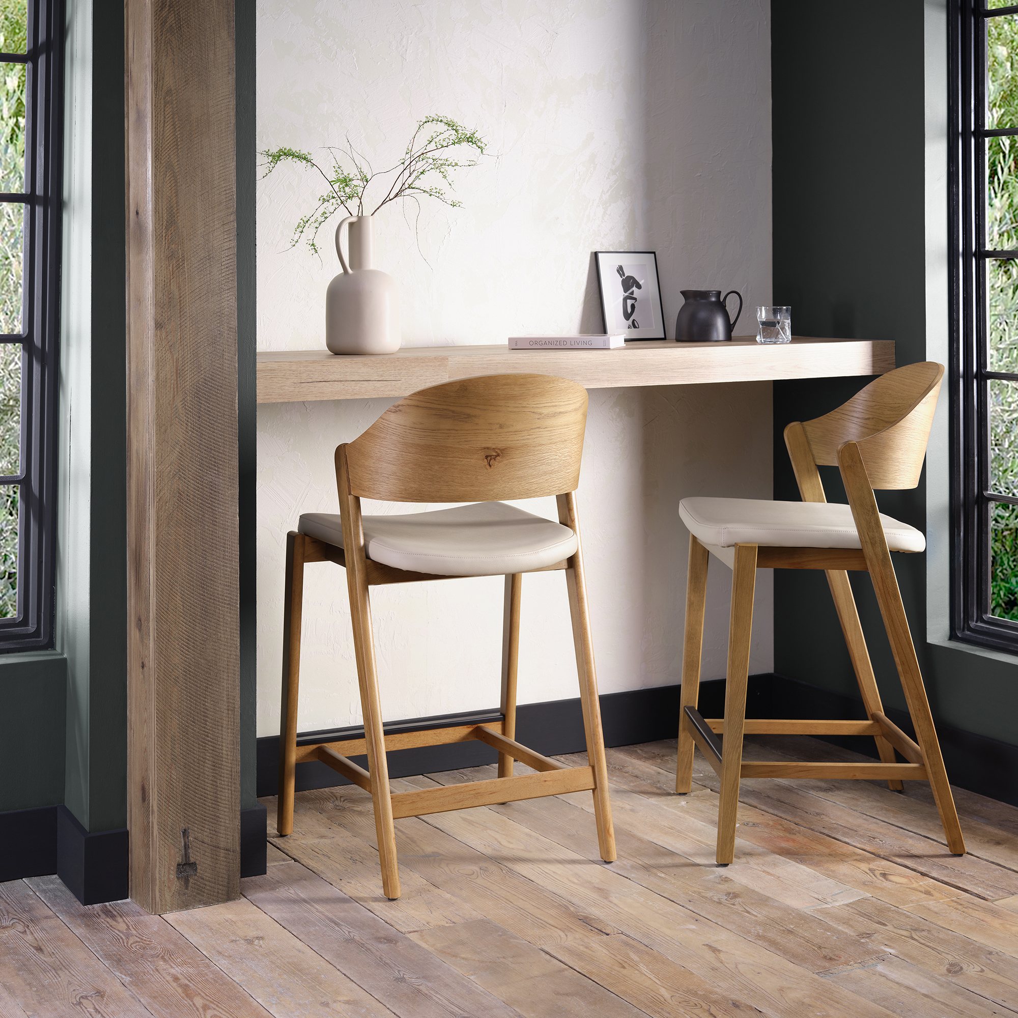 Astra Rustic Oak Bar Stool in Ivory Bonded Leather - Single