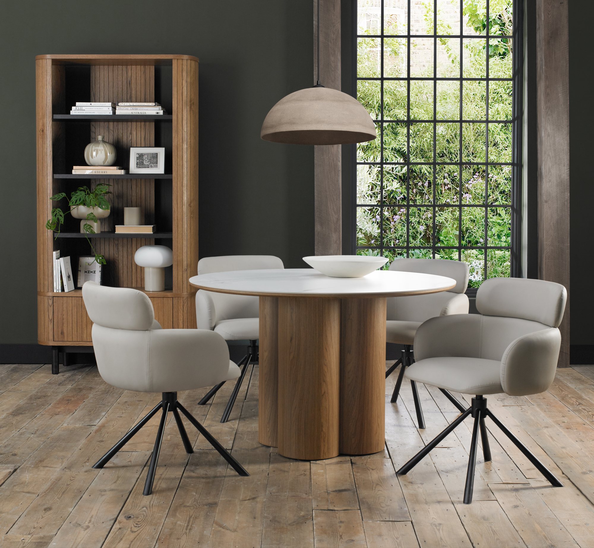 Warren Matt White Ceramic 4 Seater Table with Oak Veneer Pedestal