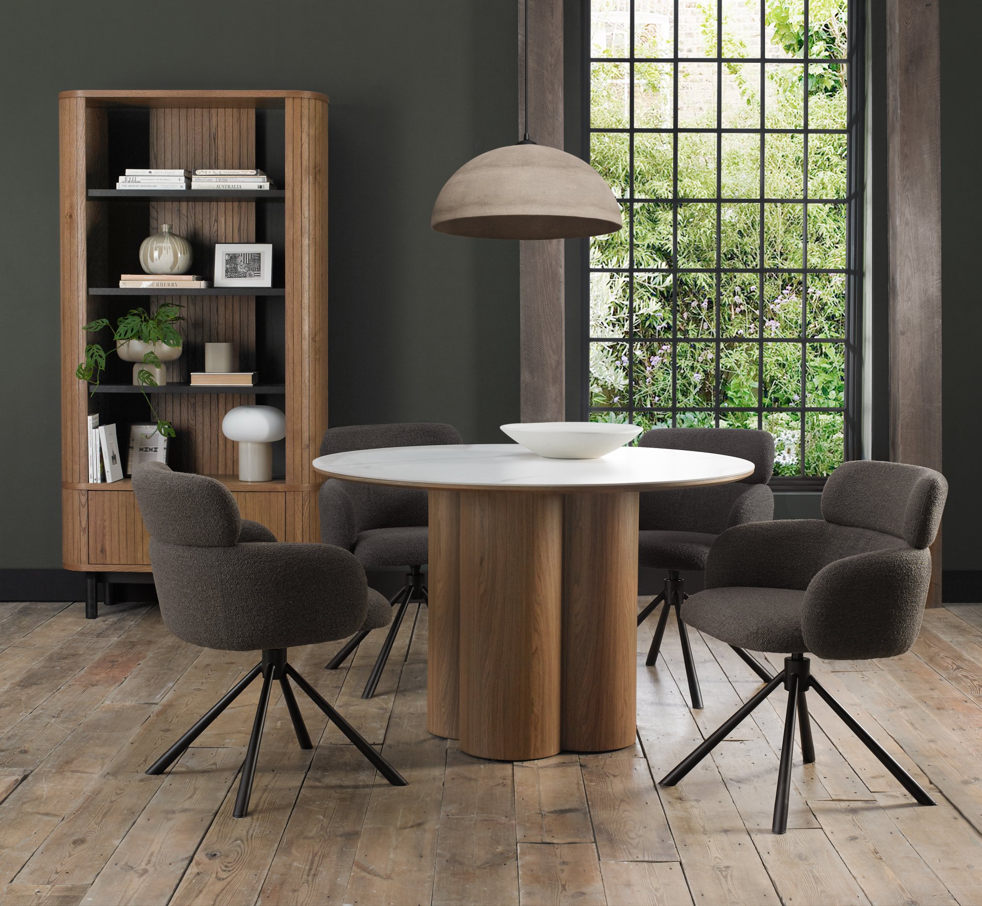 Warren - White Ceramic 4 Seater Round Dining Table with Oak Pedestal