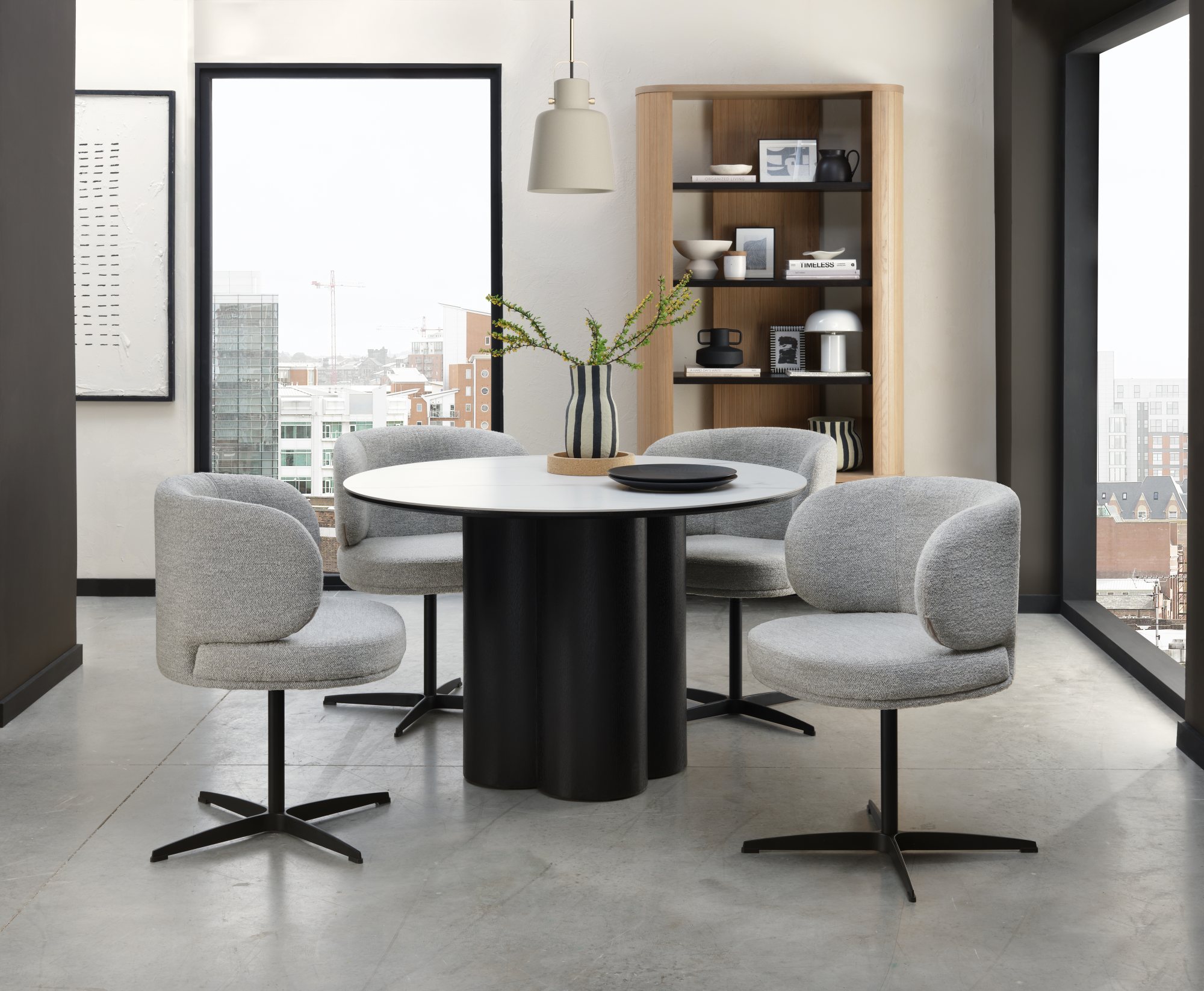 Warren - White Ceramic 4 Seater Round Dining Table with Black Oak Pedestal