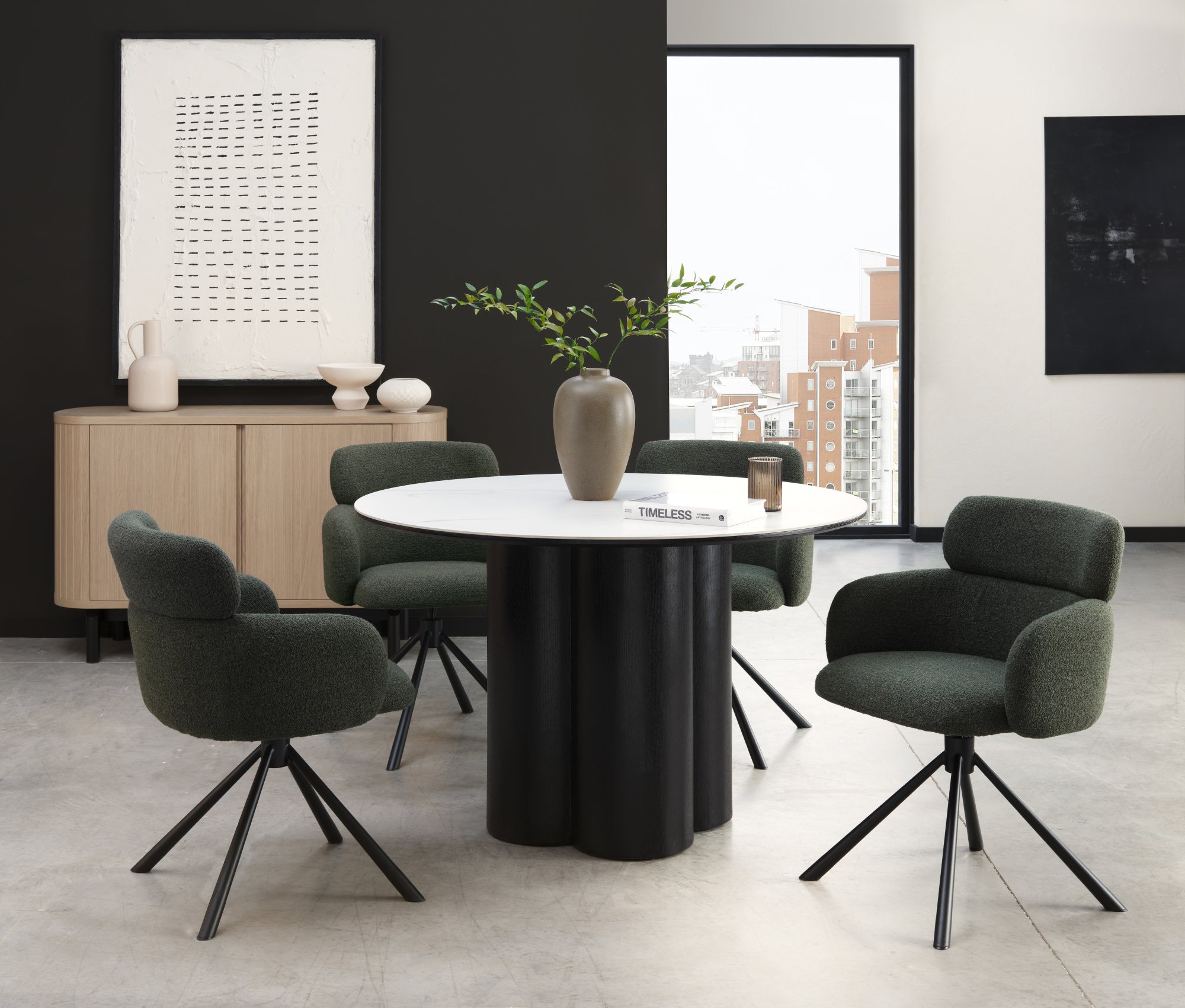 Warren Matt White Ceramic 4 Seater Table with Black Oak Veneer Pedestal