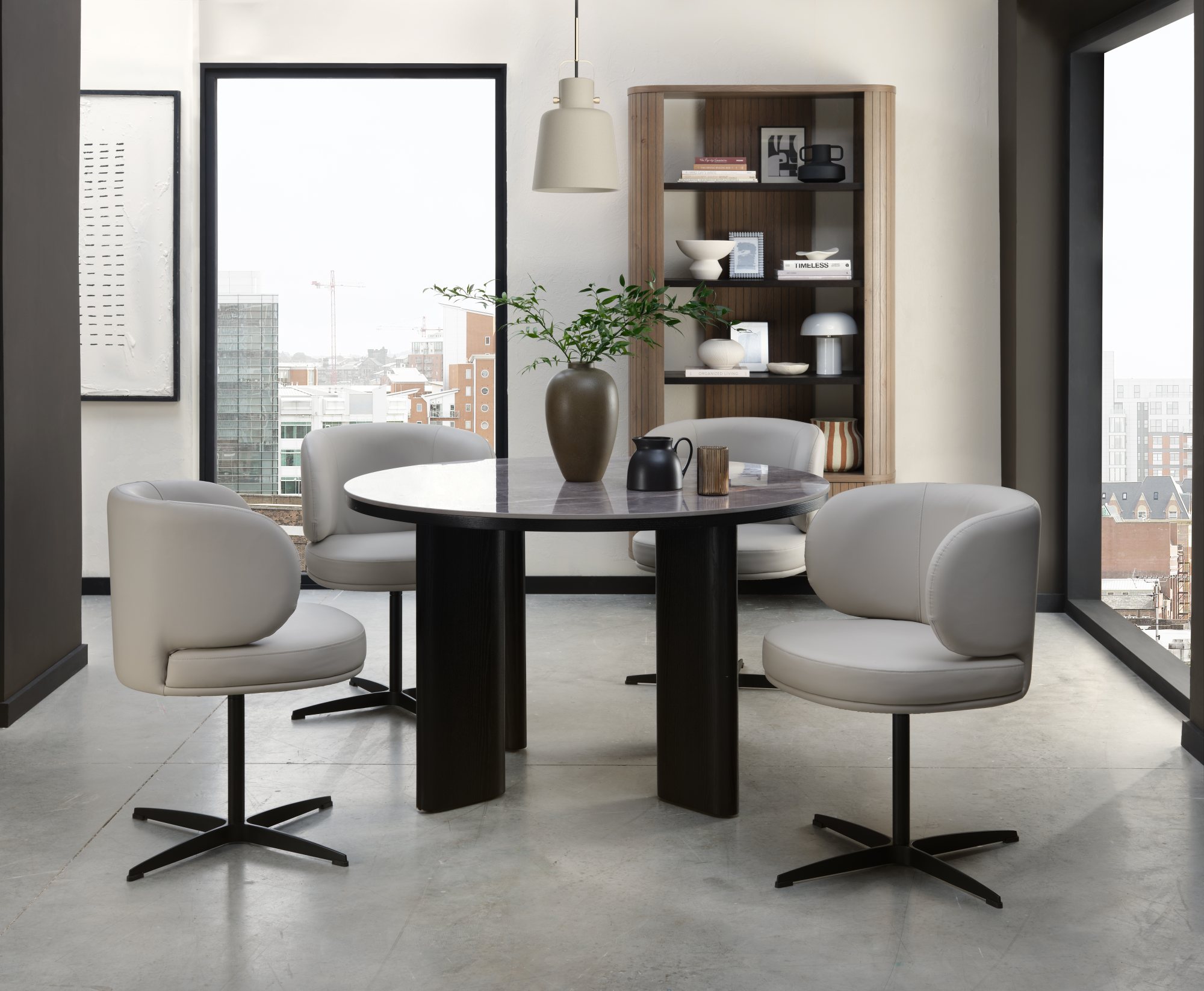 Carmen Gloss Grey Ceramic 4 Seater Dining Table with Black Oak Veneer Legs