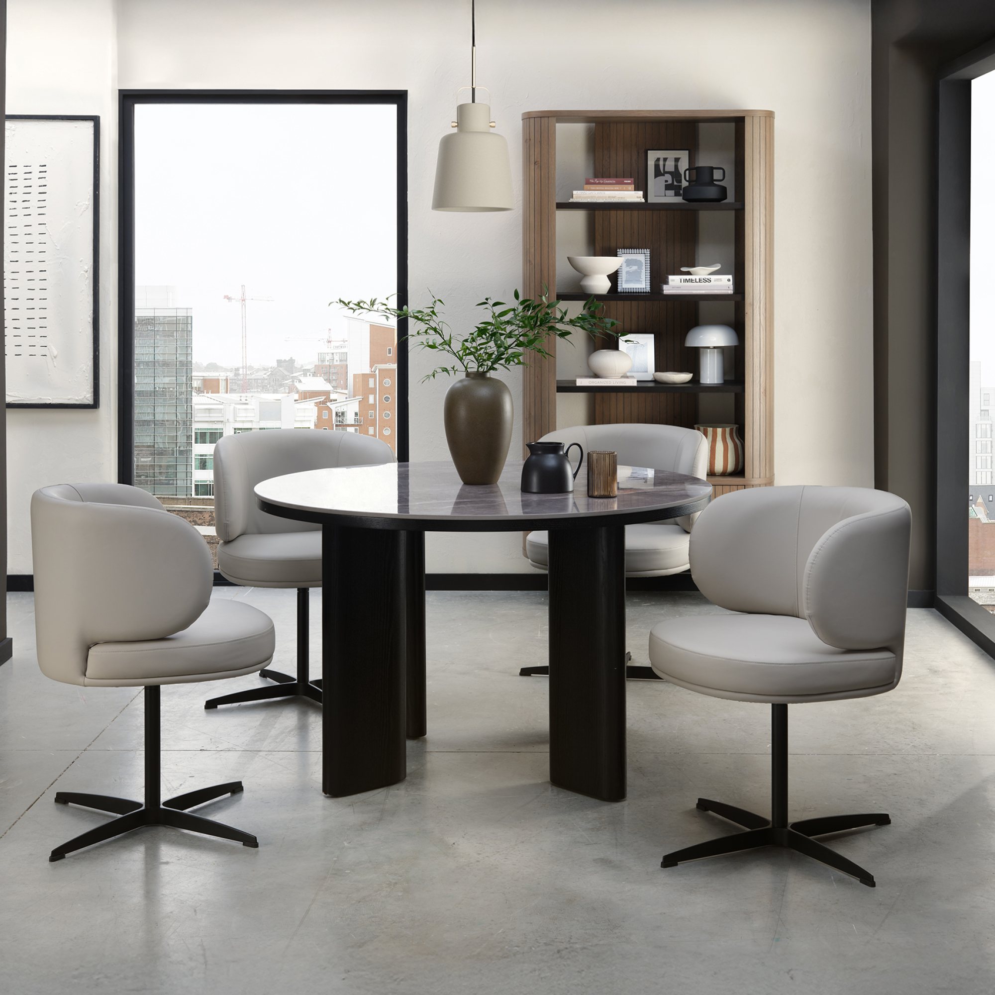 Carmen Gloss Grey Ceramic Round 4 Seater Dining Table with Black Oak Veneer Legs