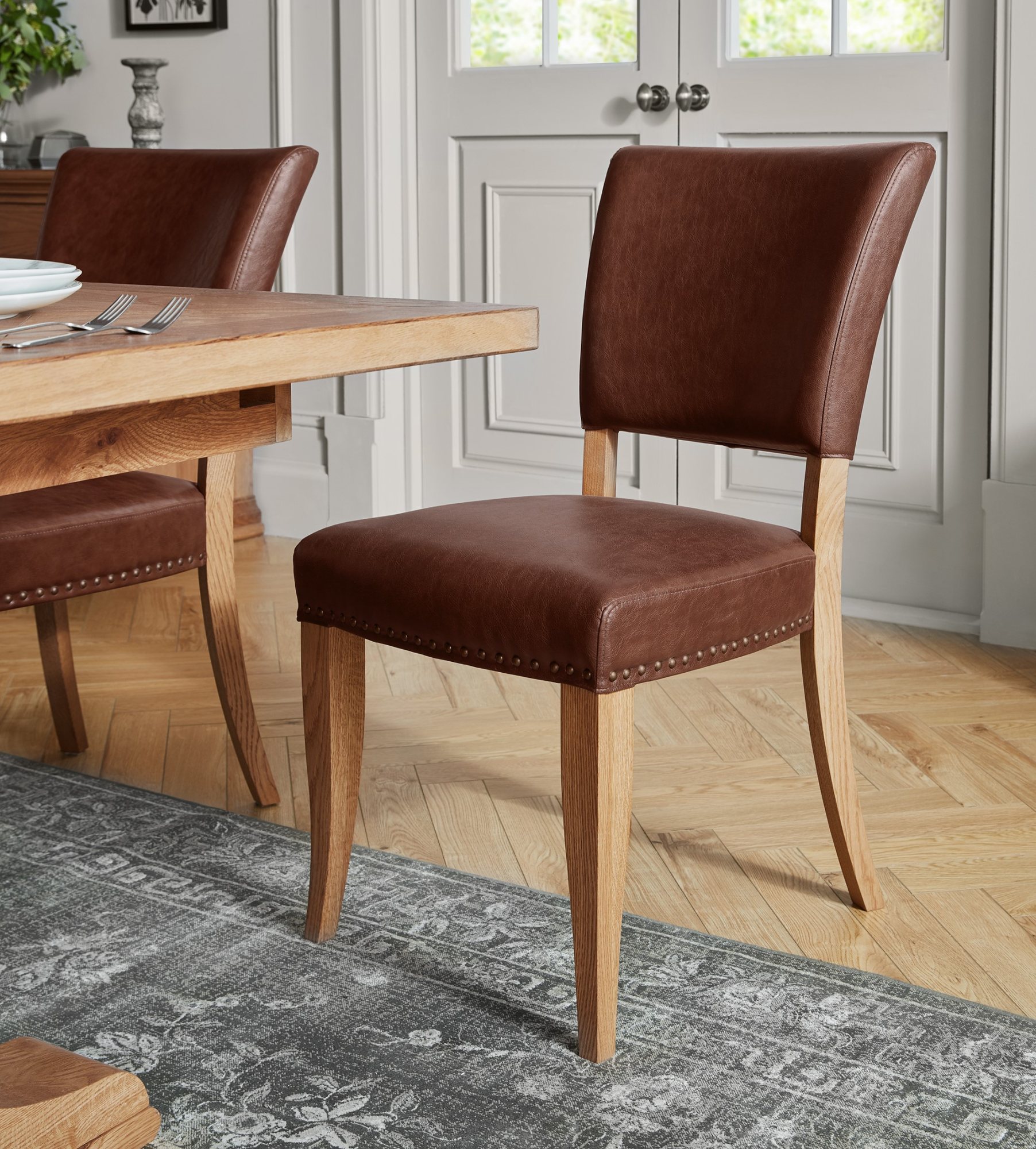 Rivera Rustic Oak Tan Faux Leather Dining Chairs
