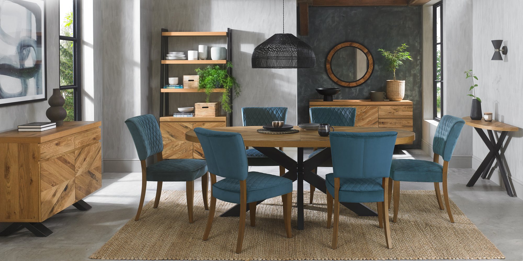 Constable - Rustic Oak Dining Chair in Azure Velvet (Pair)