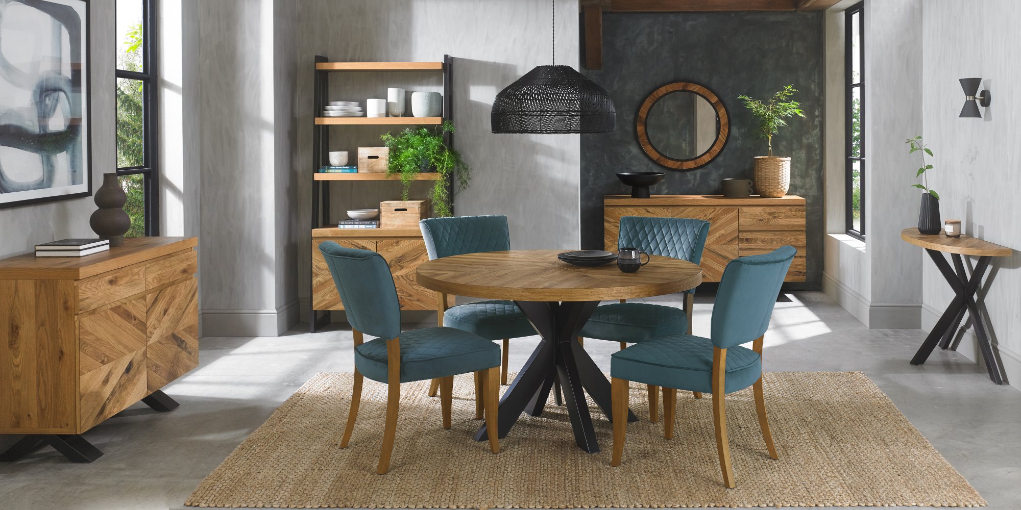 Constable - Rustic Oak Dining Chair in Azure Velvet (Pair)