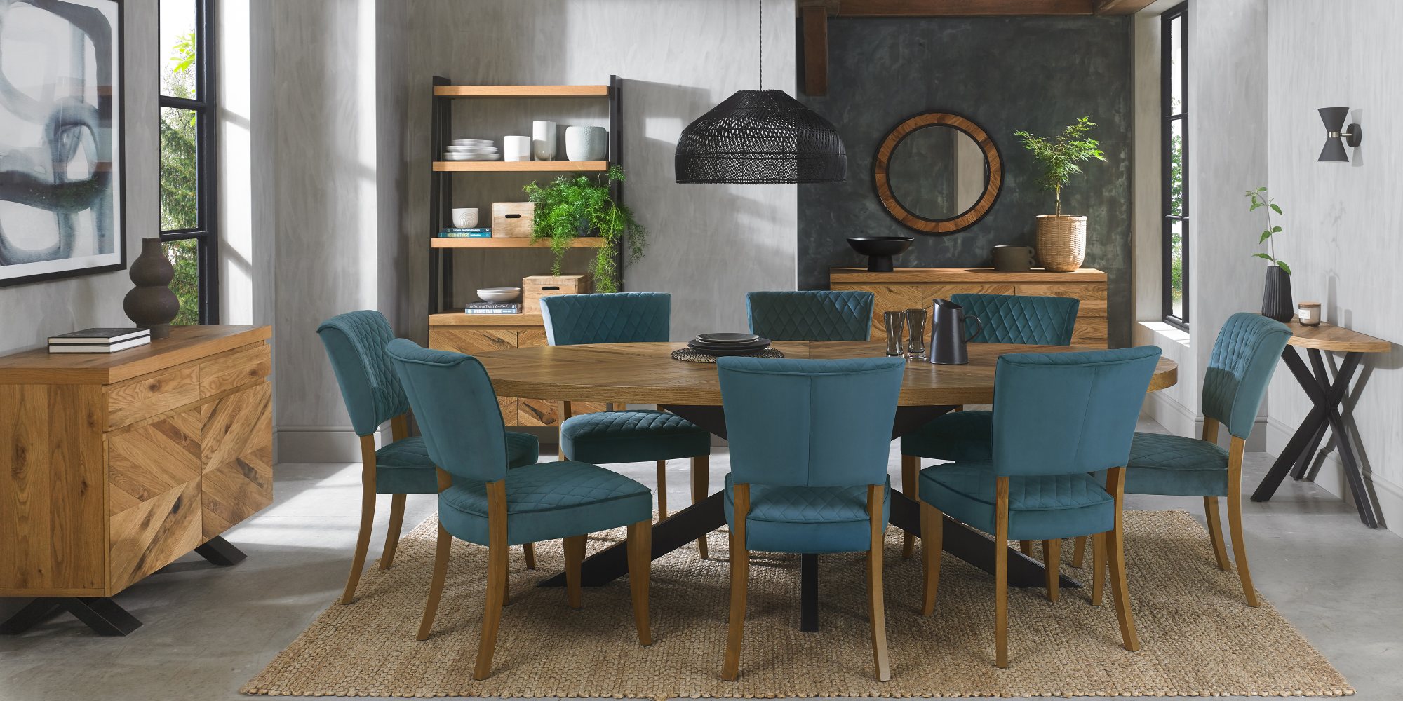 Constable - Rustic Oak Dining Chair in Azure Velvet (Pair)