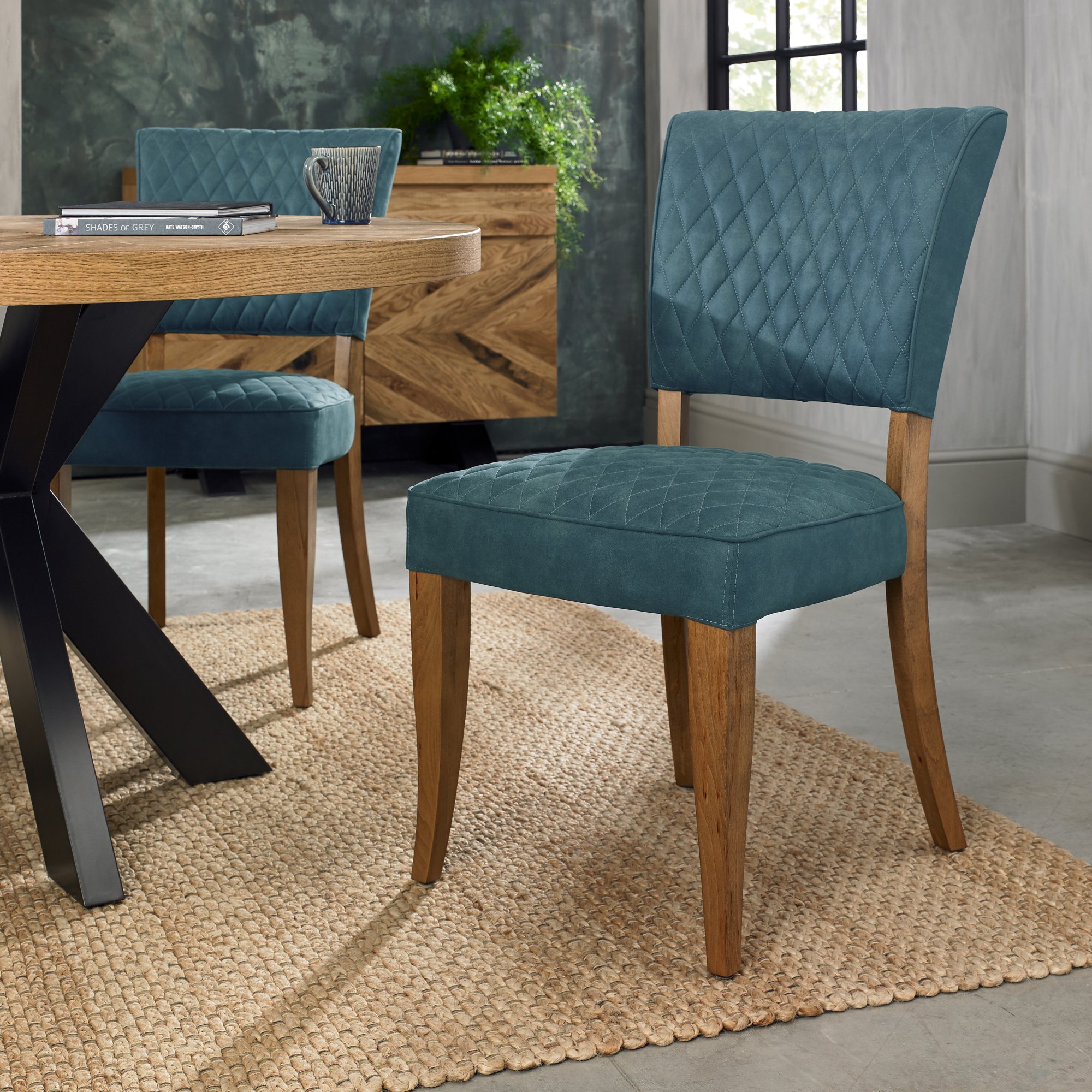 Constable Rustic Oak Dining Chairs in Azure Velvet Fabric
