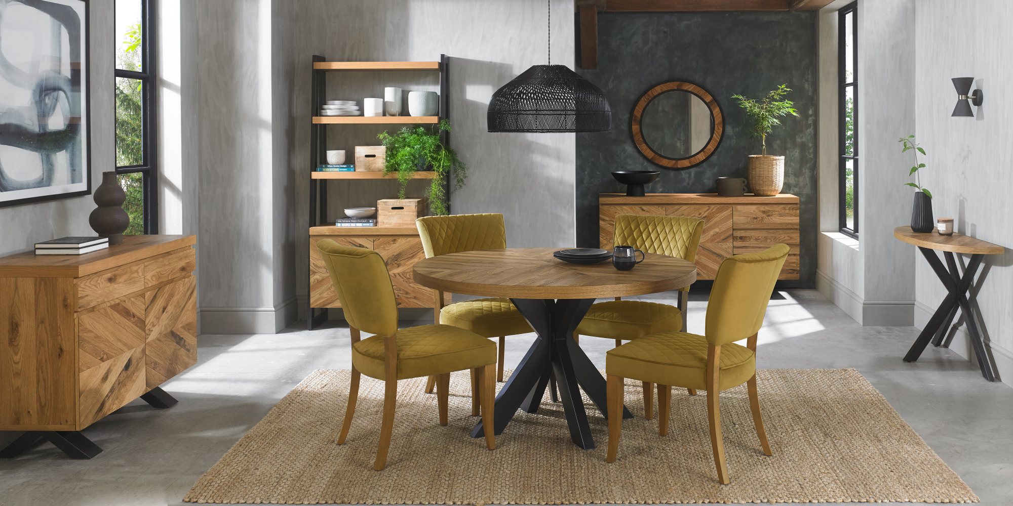 Constable - Rustic Oak Dining Chair in Mustard Velvet (Pair)