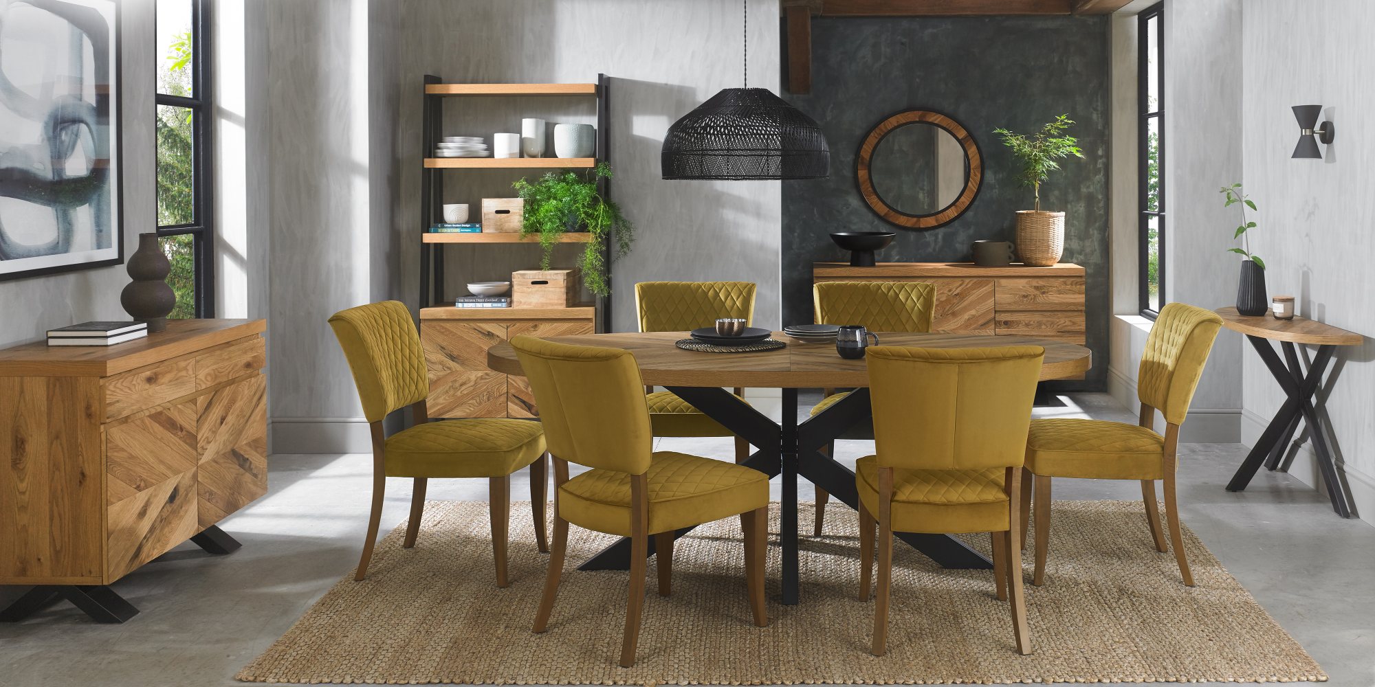 Constable - Rustic Oak Dining Chair in Mustard Velvet (Pair)