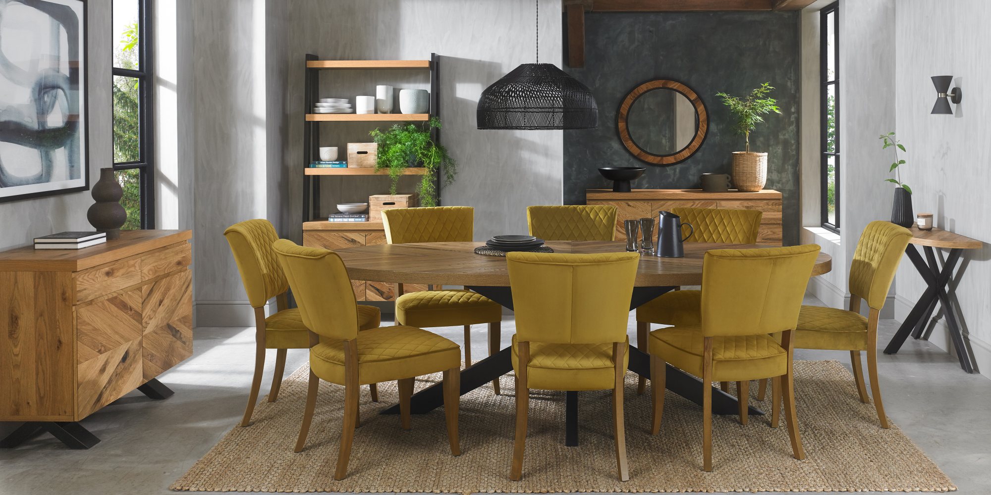 Constable - Rustic Oak Dining Chair in Mustard Velvet (Pair)