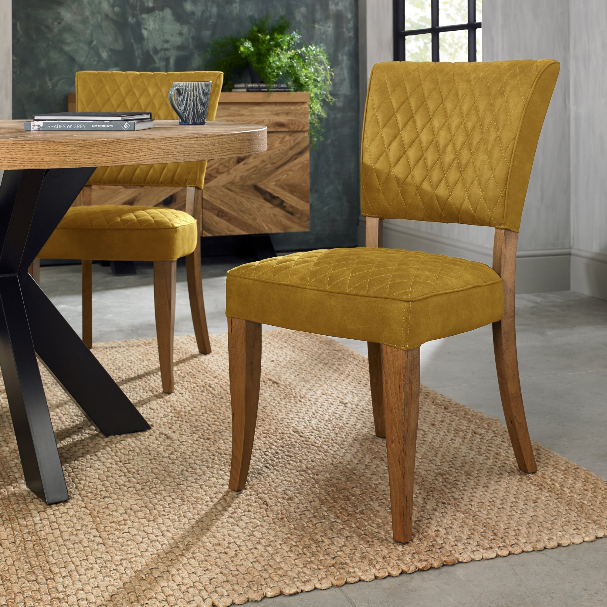 Constable Rustic Oak Dining Chairs in Mustard Velvet Fabric