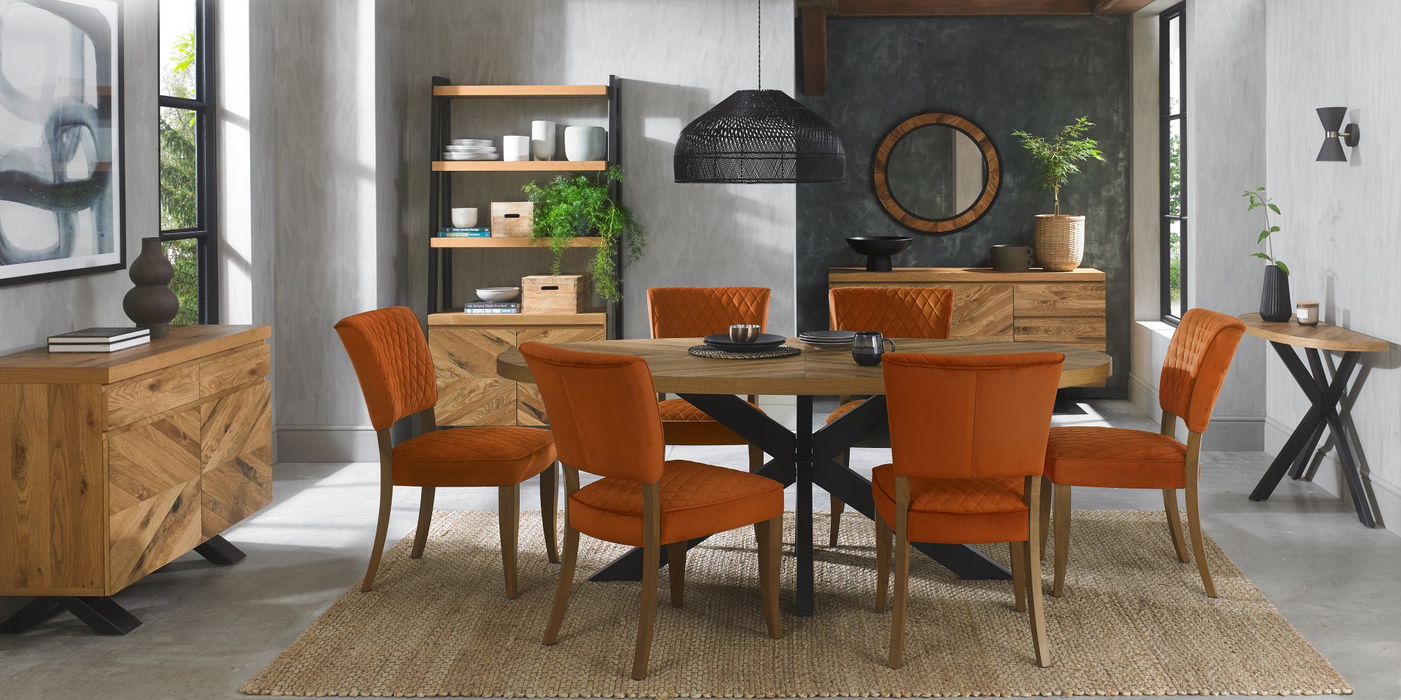 Constable - Rustic Oak Dining Chair in Rust Velvet (Pair)