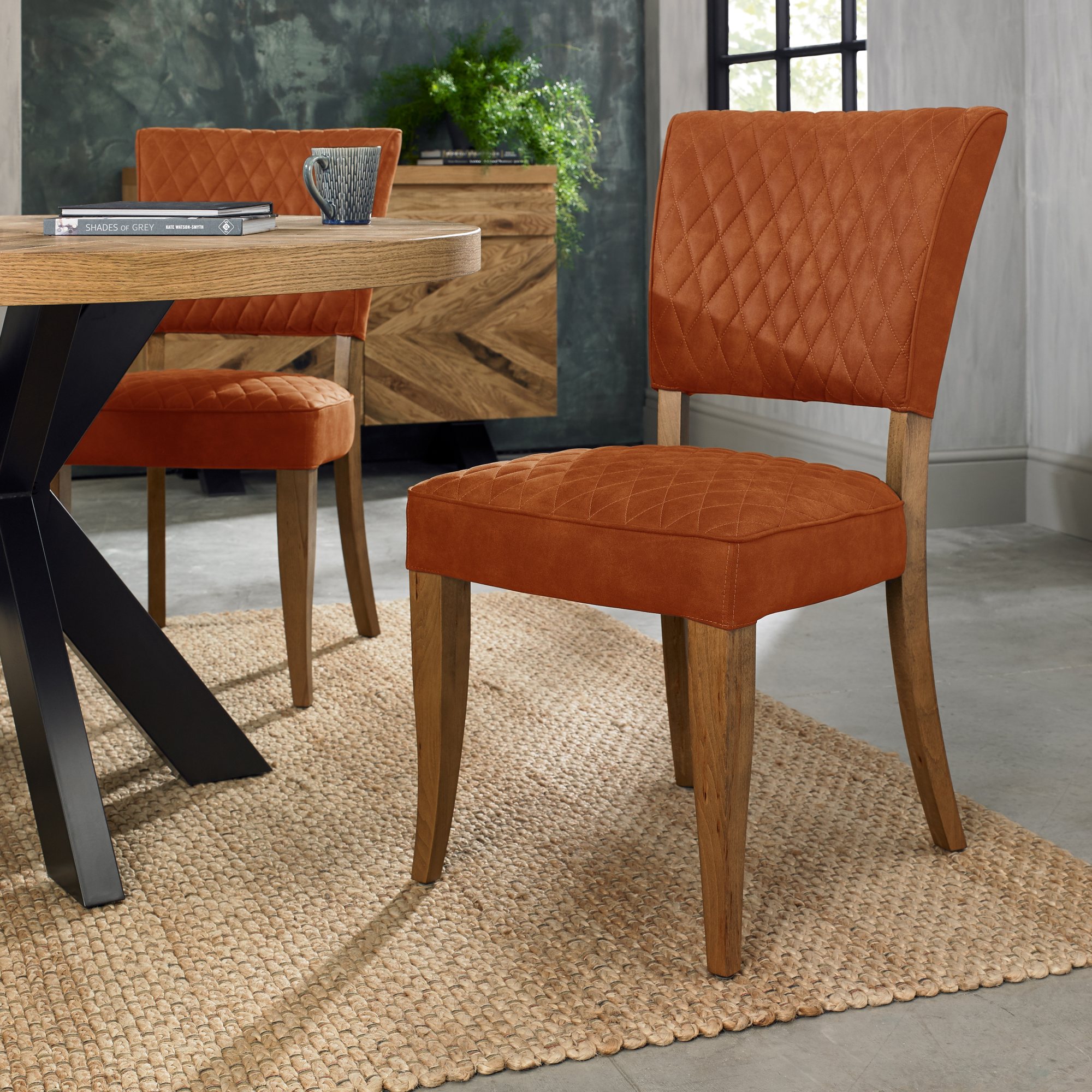 Constable Rustic Oak Dining Chairs in Rust Velvet Fabric