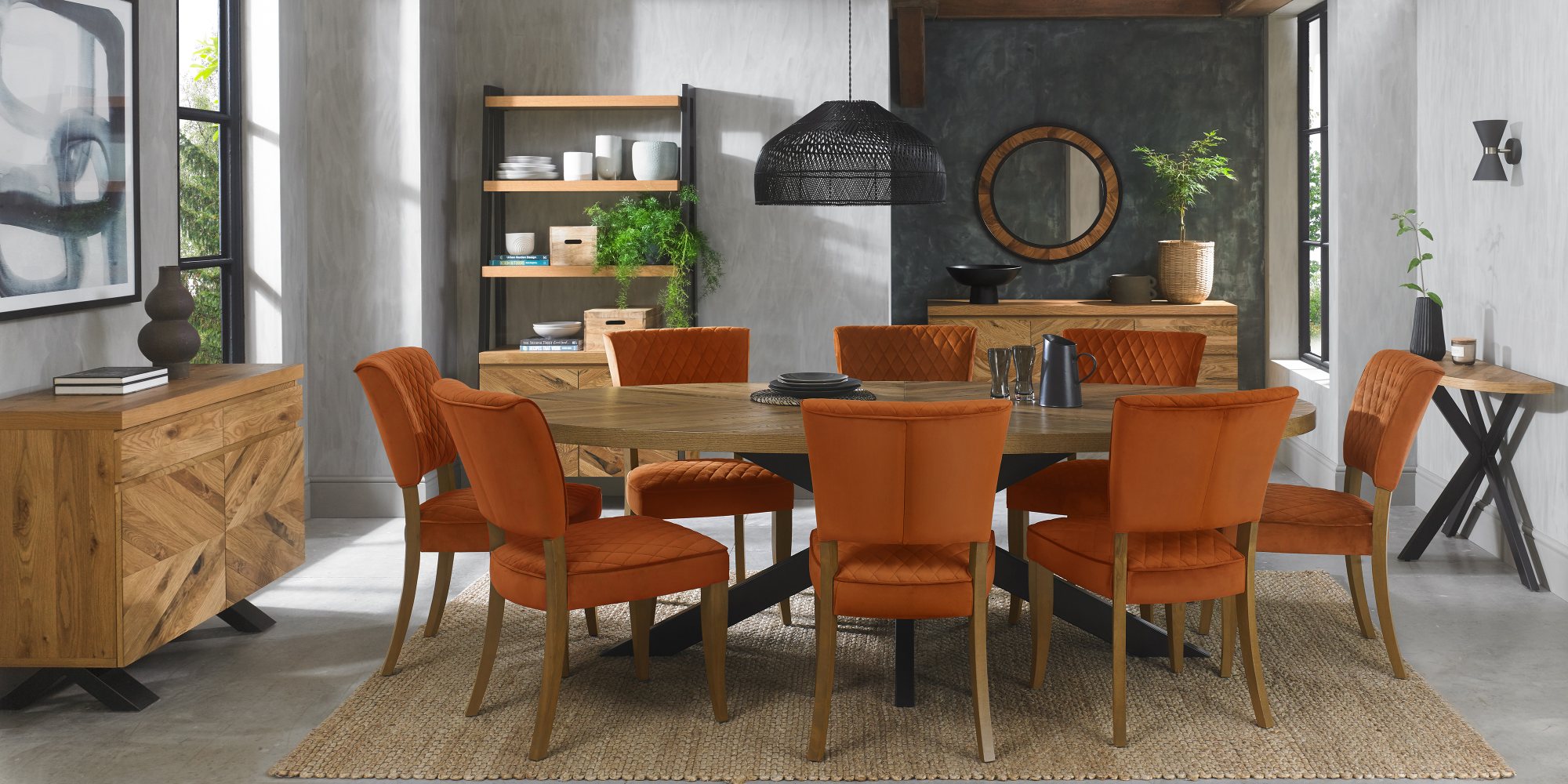 Constable - Rustic Oak Dining Chair in Rust Velvet (Pair)