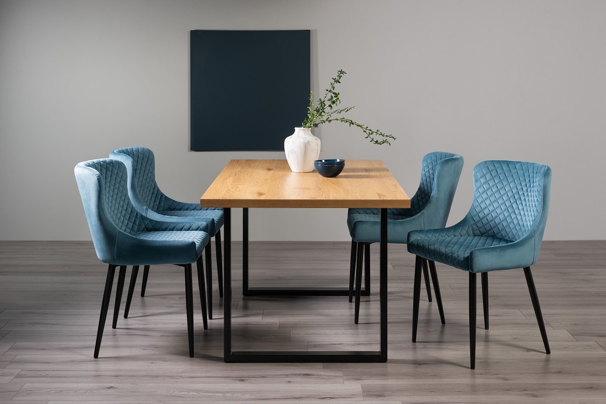 Ramsay U Leg Oak Effect 6 Seater Dining Table & 4 Cezanne Chairs in Petrol Blue Velvet Fabric Chair with Black Legs