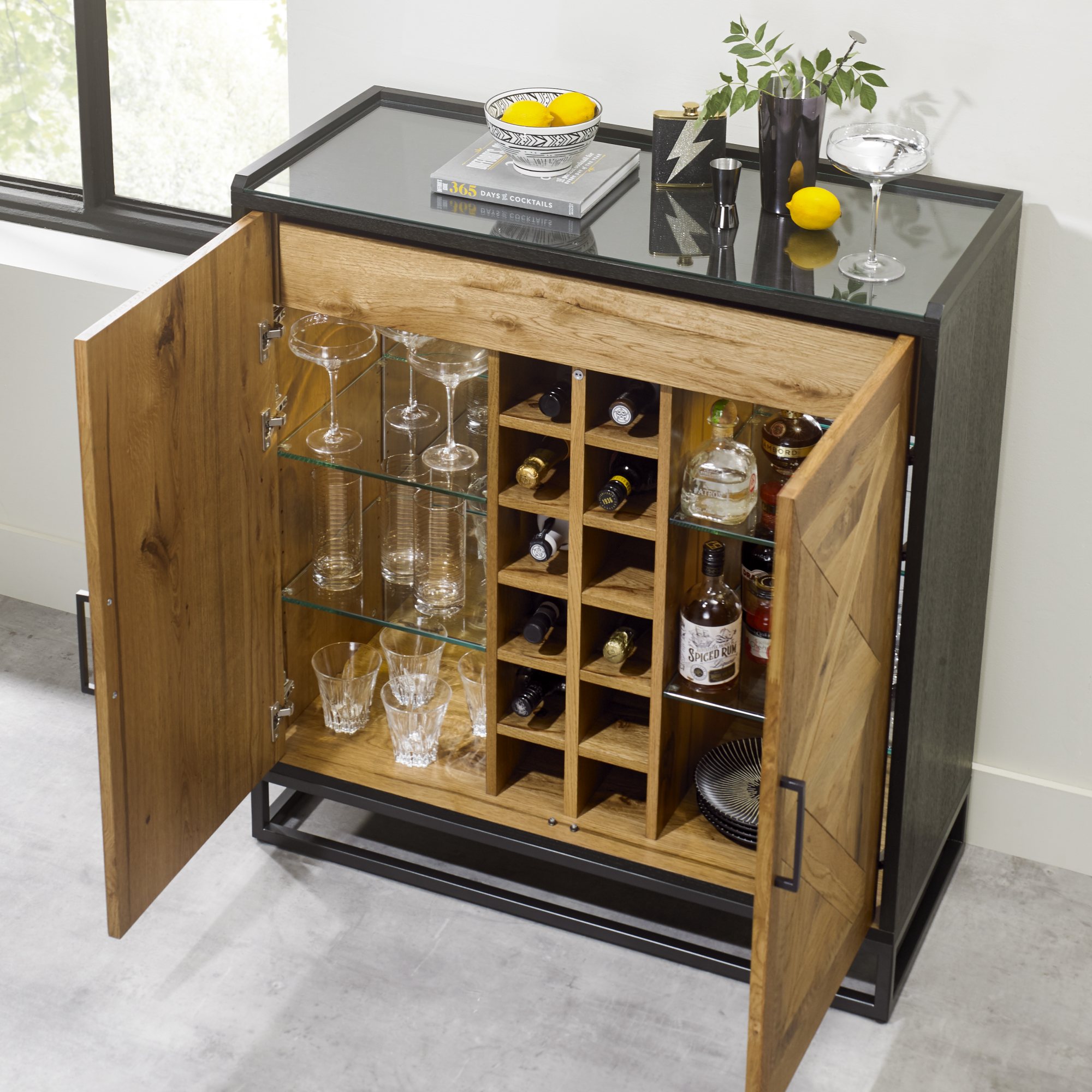 Lowry - Rustic Oak Drinks Cabinet with Peppercorn Frame