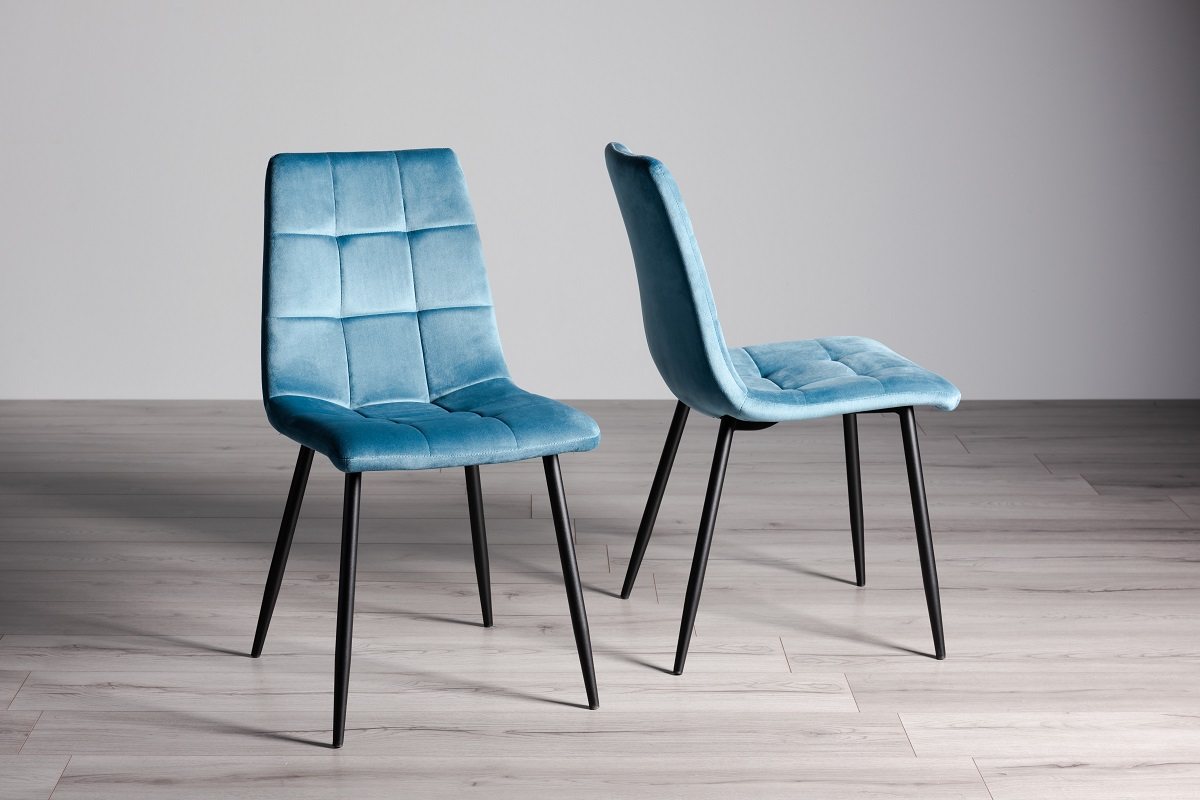 Ramsay - U Leg Oak Effect 6 Seater Dining Table & 6 Blue Velvet Mondrian Dining Chairs