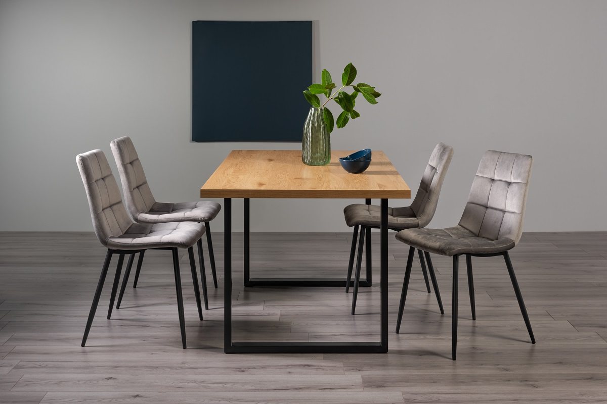 Ramsay U Leg Oak Effect 6 Seater Dining Table & 4 Mondrian Grey Velvet Fabric Chairs