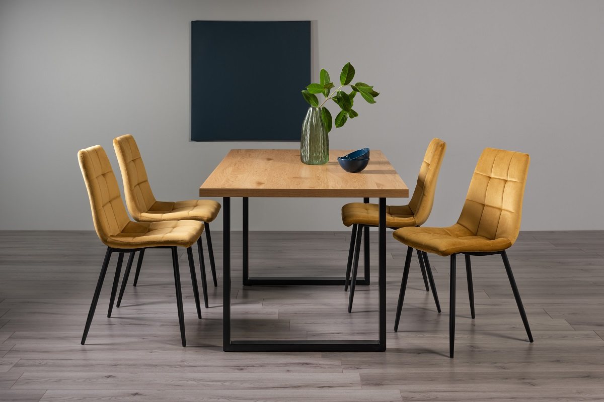 Ramsay U Leg Oak Effect 6 Seater Dining Table & 4 Mondrian Mustard Velvet Fabric Chairs