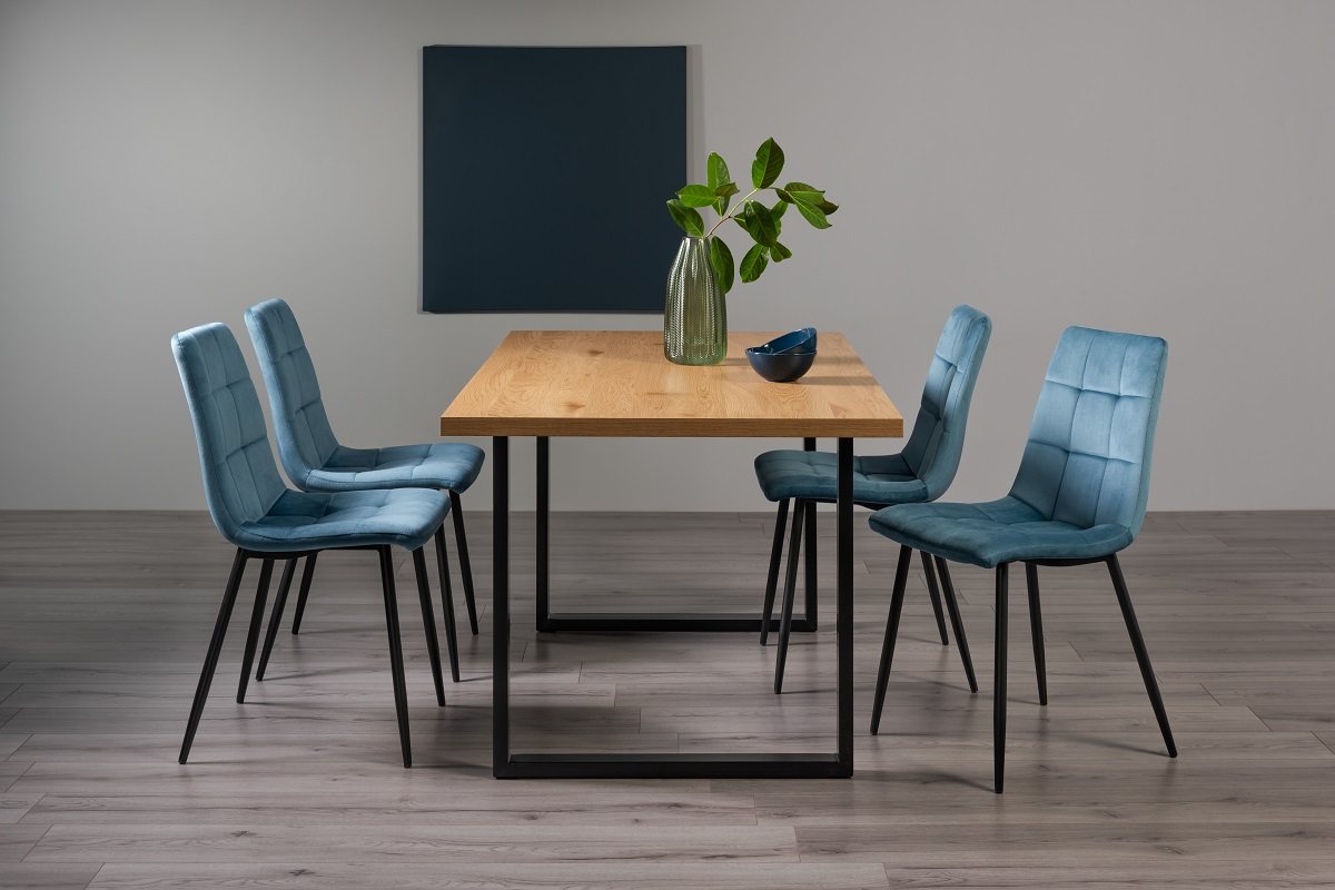 Ramsay U Leg Oak Effect 6 Seater Dining Table & 4 Mondrian Petrol Blue Velvet Fabric Chairs