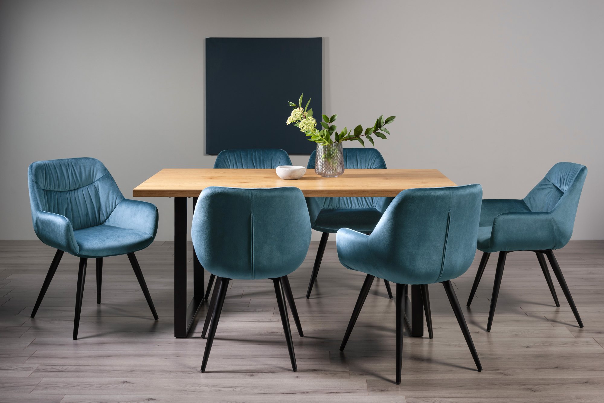 Ramsay U Leg Oak Effect 6 Seater Dining Table & 6 Dali Petrol Blue Velvet Fabric Chairs