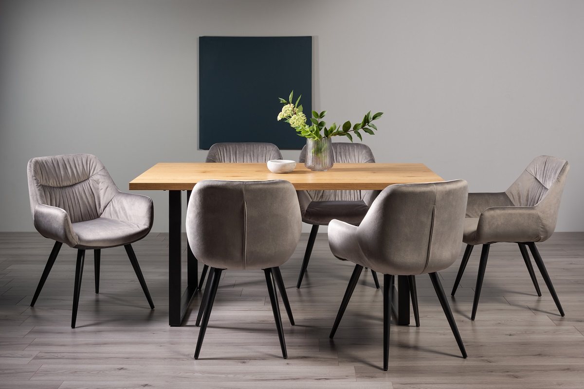 Ramsay U Leg Oak Effect 6 Seater Dining Table & 6 Dali Grey Velvet Fabric Chairs