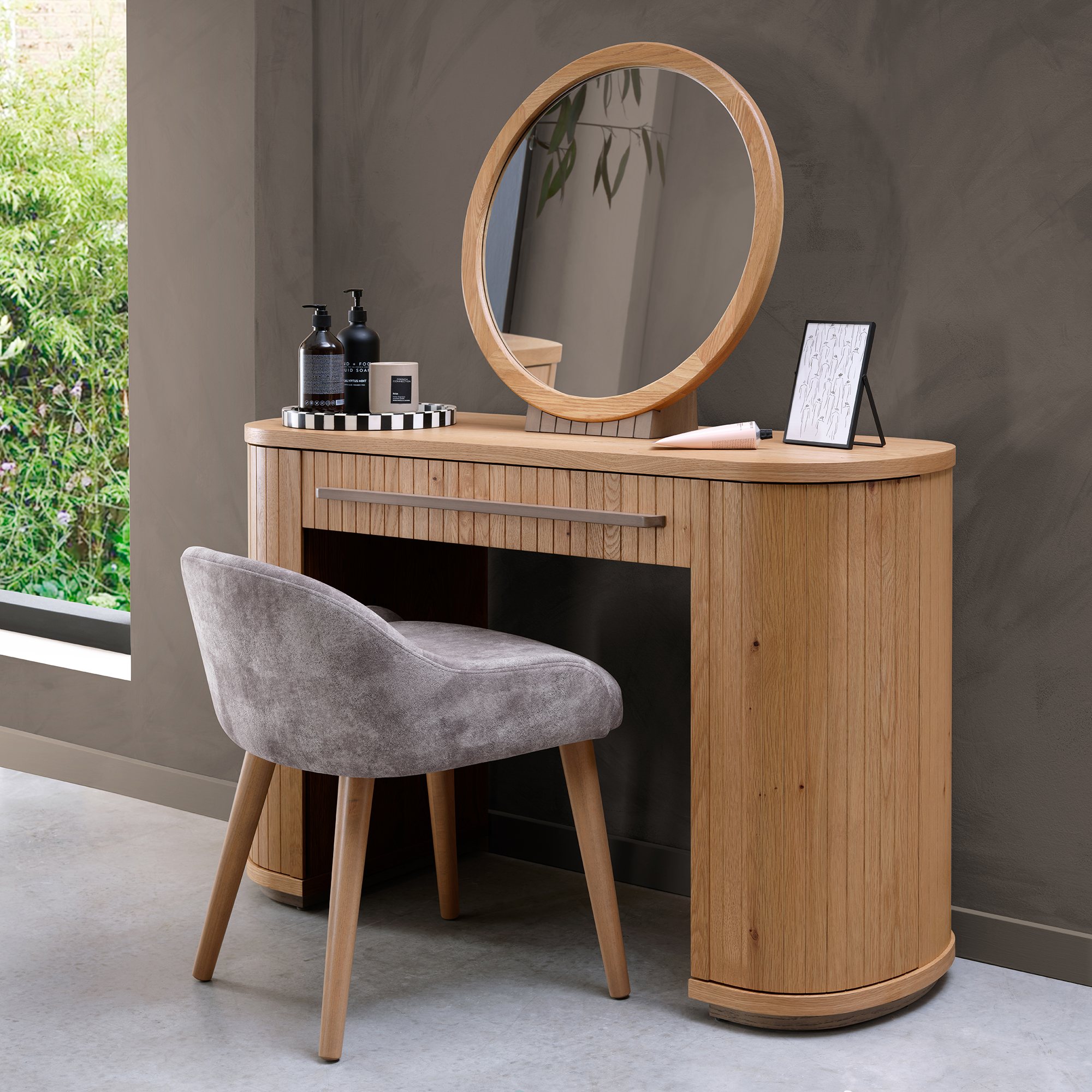 Astra - Knotty Oak Vanity Stool in Pearl Velvet