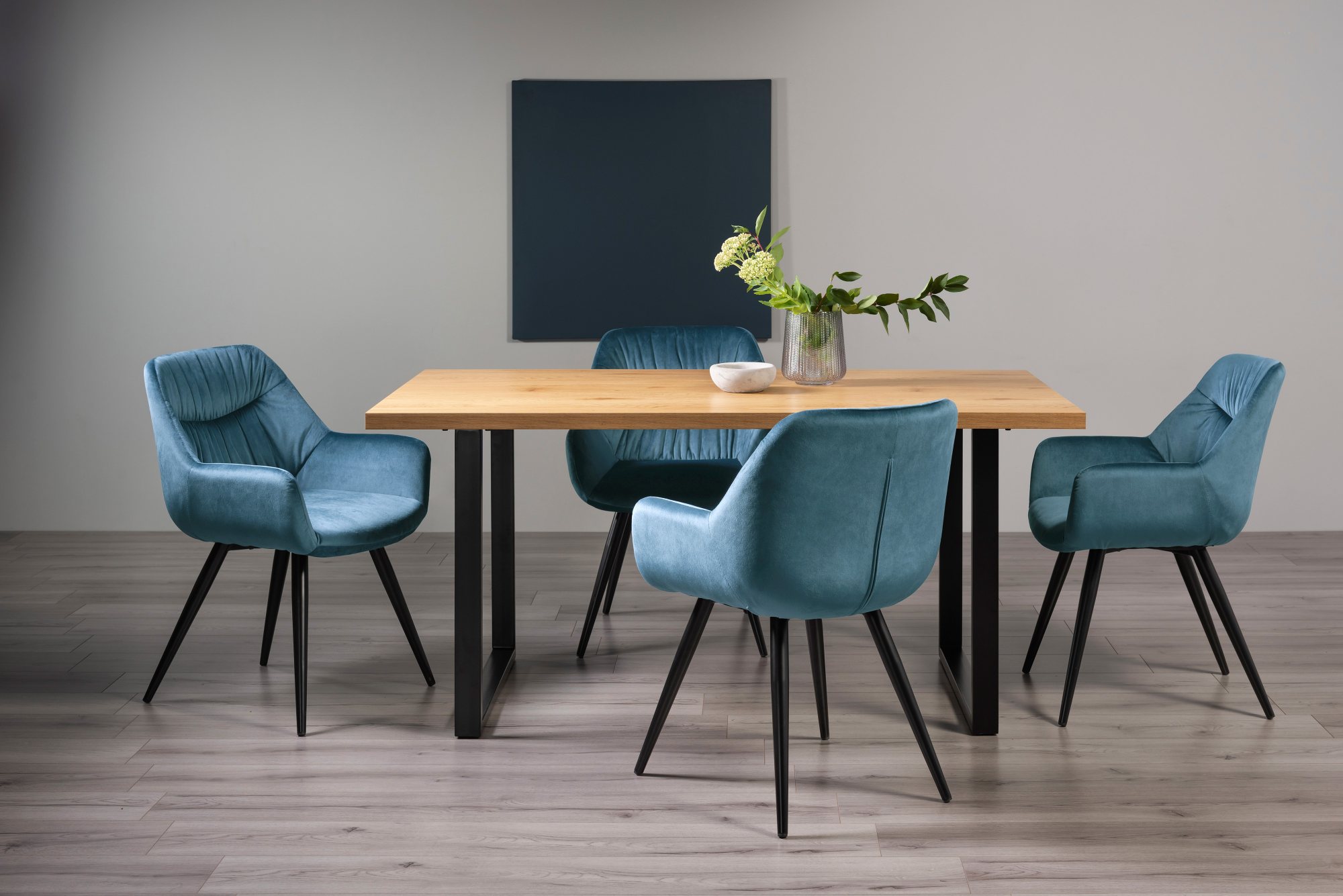 Ramsay U Leg Oak Effect 6 Seater Dining Table & 4 Dali Petrol Blue Velvet Fabric Chairs