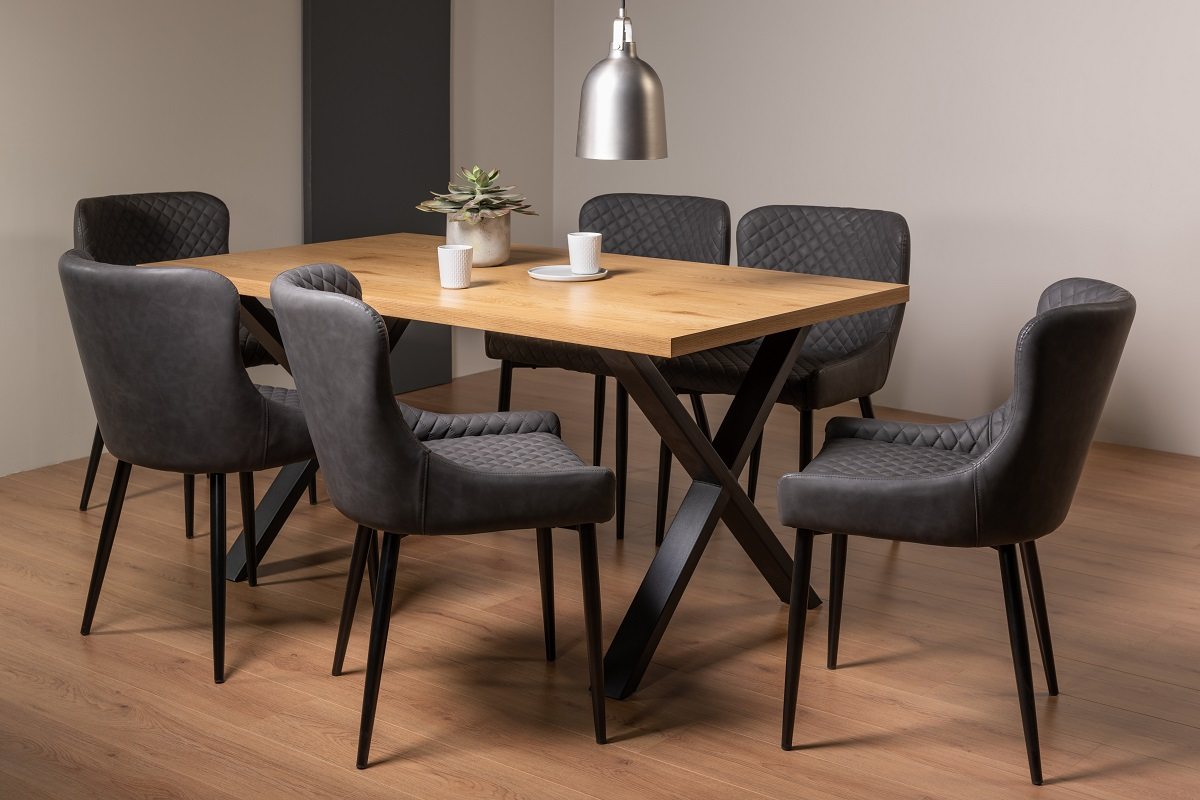 Ramsay X Leg Oak Effect 6 Seater Dining Table & 6 Cezanne Chairs in Dark Grey Faux Leather with Black Legs