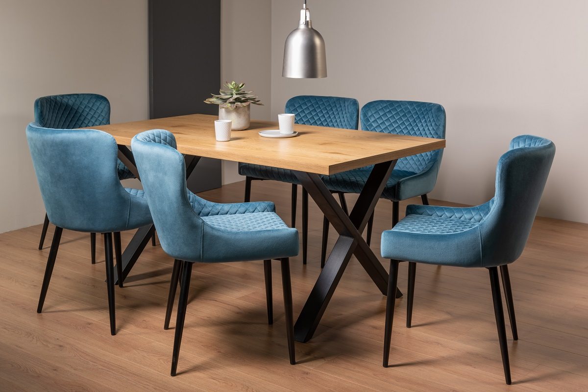 Ramsay X Leg Oak Effect 6 Seater Dining Table & 6 Cezanne Chairs in Petrol Blue Velvet Fabric with Black Legs