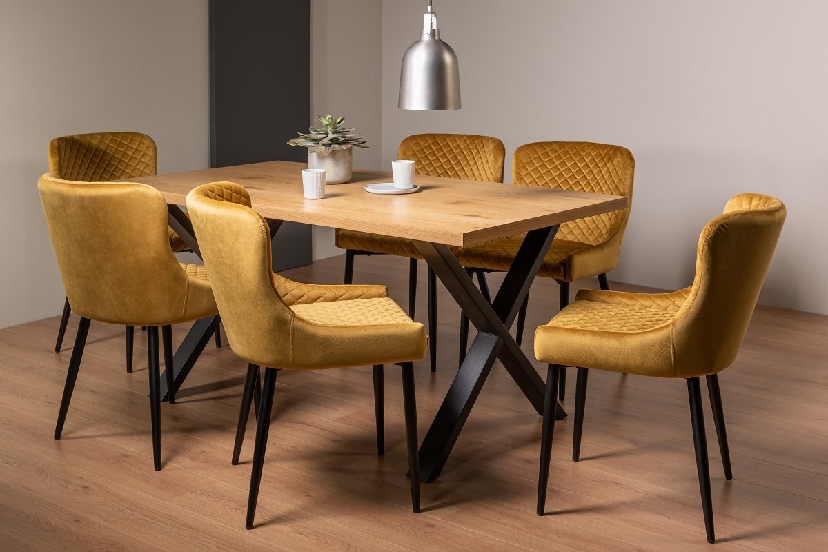 Ramsay X Leg Oak Effect 6 Seater Dining Table & 6 Cezanne Chairs in Mustard Velvet Fabric with Black Legs