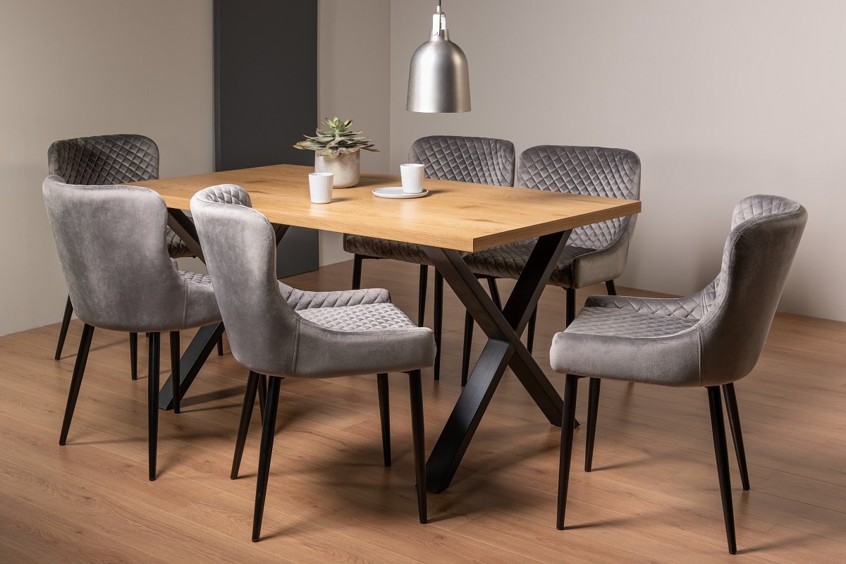 Ramsay X Leg Oak Effect 6 Seater Dining Table & 6 Cezanne Chairs in Grey Velvet Fabric with Black Legs