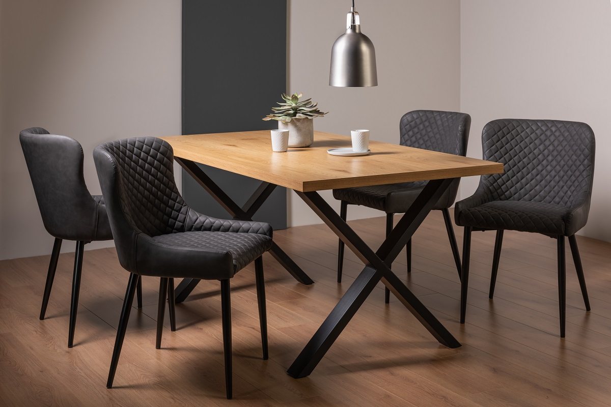 Ramsay X Leg Oak Effect 6 Seater Dining Table & 4 Cezanne Chairs in Dark Grey Faux Leather with Black Legs