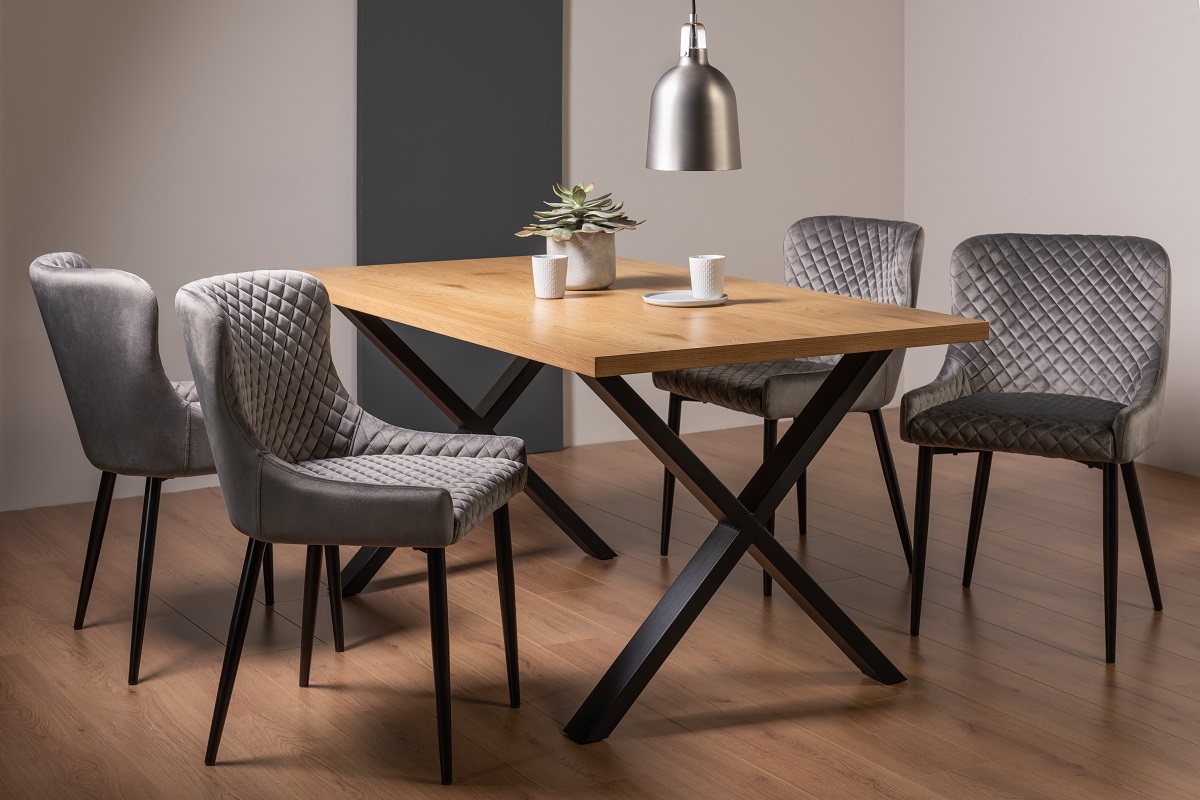 Ramsay X Leg Oak Effect 6 Seater Dining Table & 4 Cezanne Chairs in Grey Velvet Fabric with Black Legs