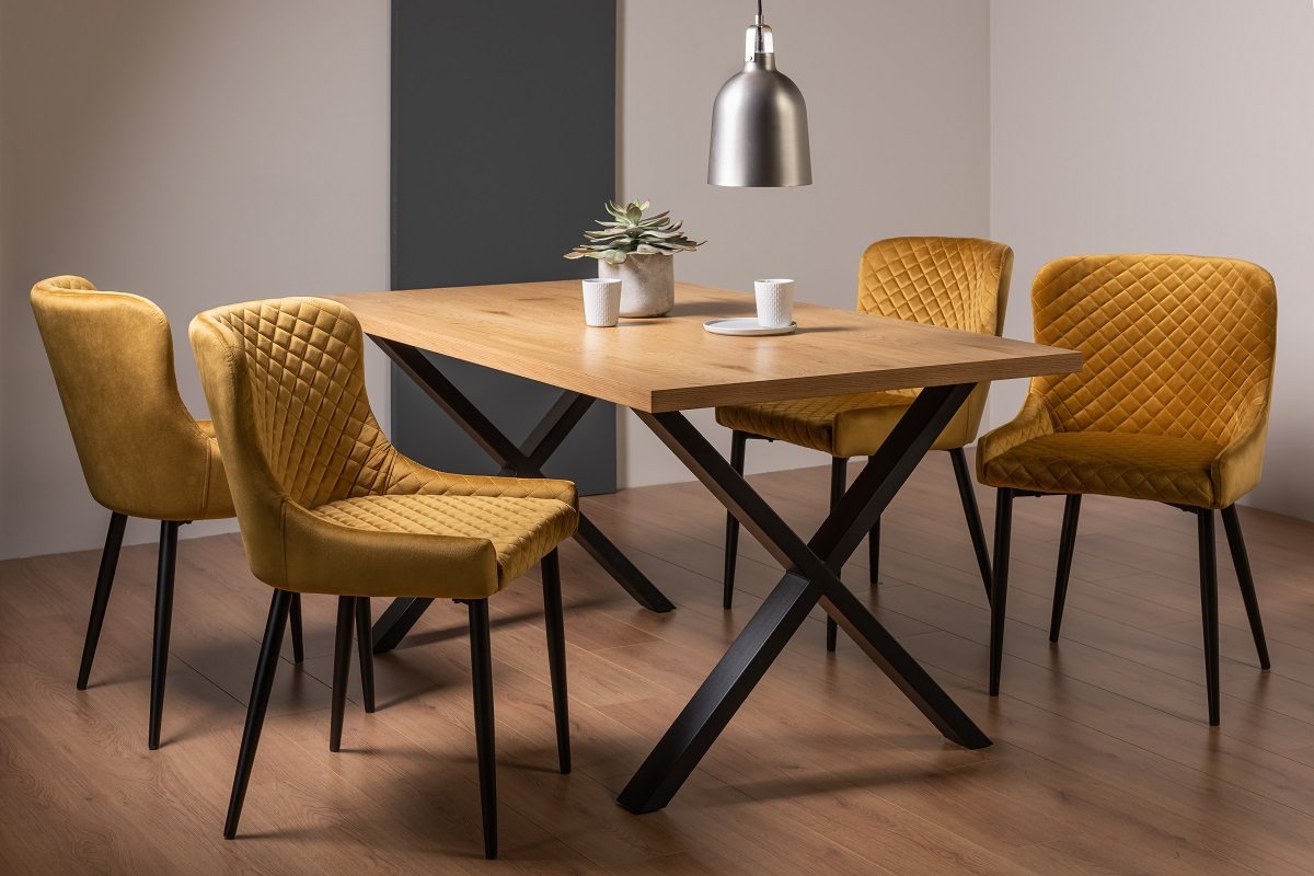 Ramsay X Leg Oak Effect 6 Seater Dining Table & 4 Cezanne Chairs in Mustard Velvet Fabric with Black Legs