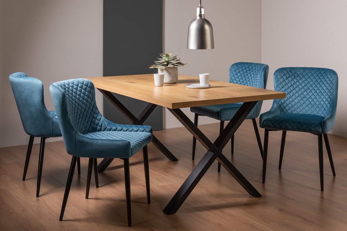 Ramsay X Leg Oak Effect 6 Seater Dining Table & 4 Cezanne Chairs in Petrol Blue Velvet Fabric with Black Legs