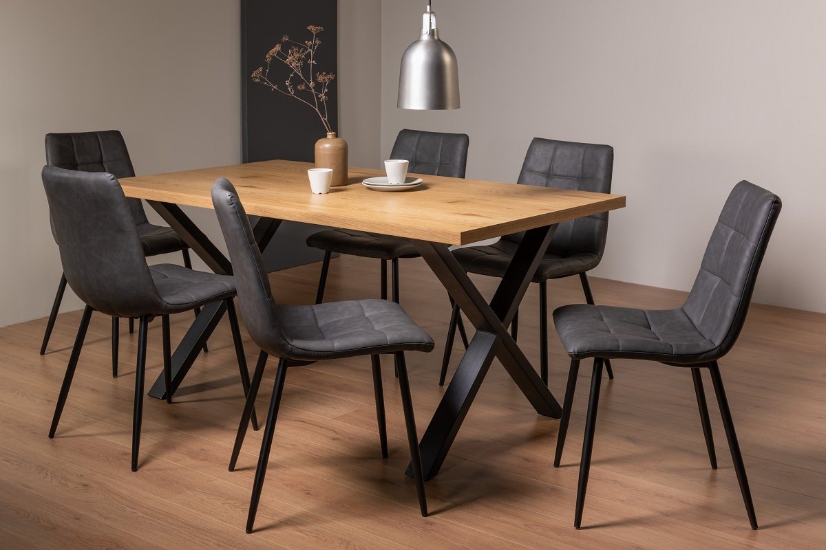 Ramsay X Leg Oak Effect 6 Seater Dining Table & 6 Mondrian Dark Grey Faux Leather Chairs