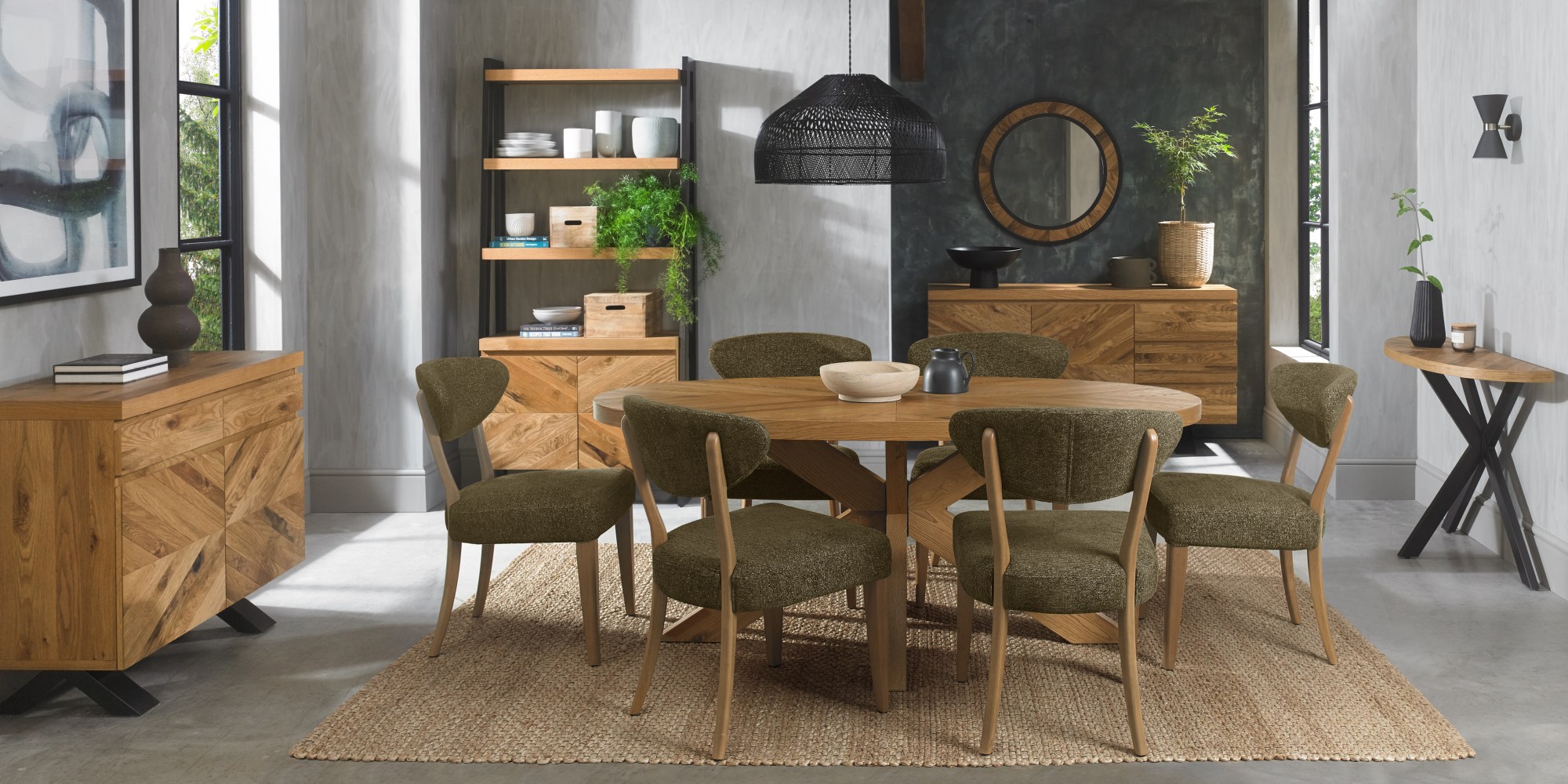 Bosco - Rustic Oak Dining Chair in Green Fabric (Pair)
