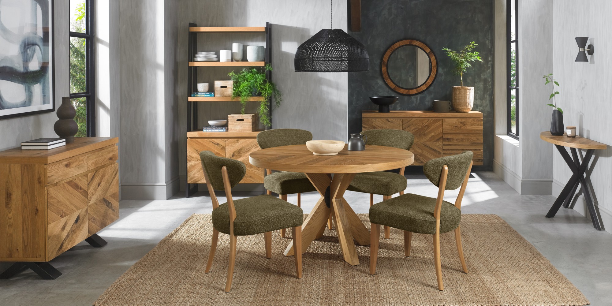 Bosco - Rustic Oak Dining Chair in Green Fabric (Pair)