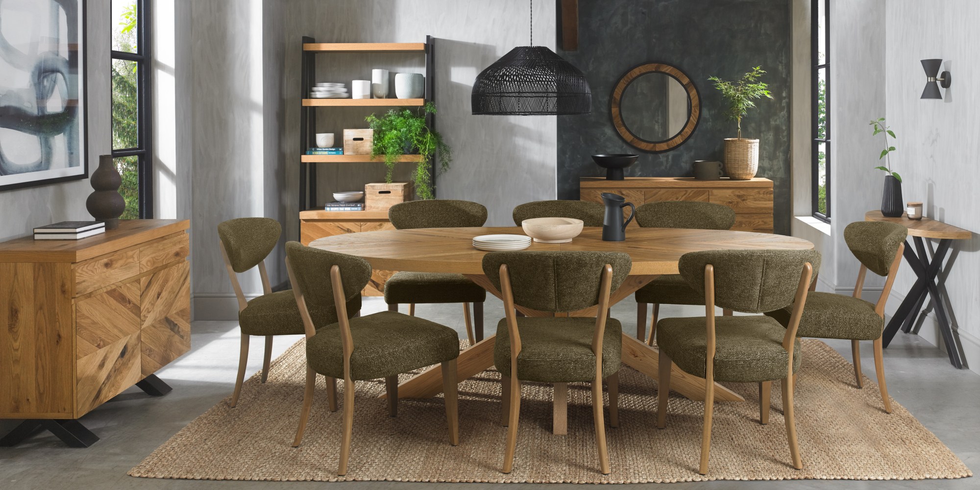 Bosco - Rustic Oak Dining Chair in Green Fabric (Pair)