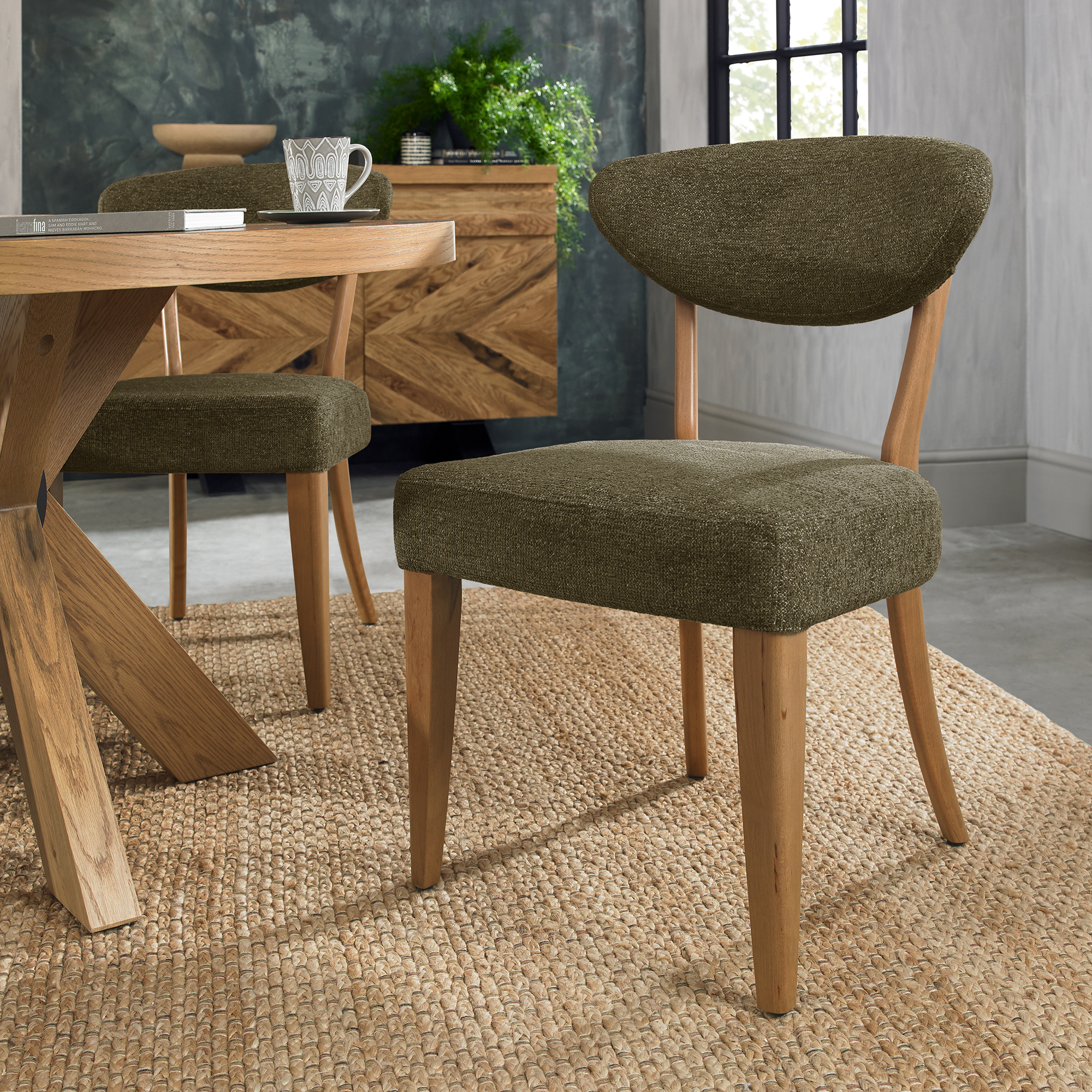 Bosco - Rustic Oak Dining Chair in Green Fabric (Pair)