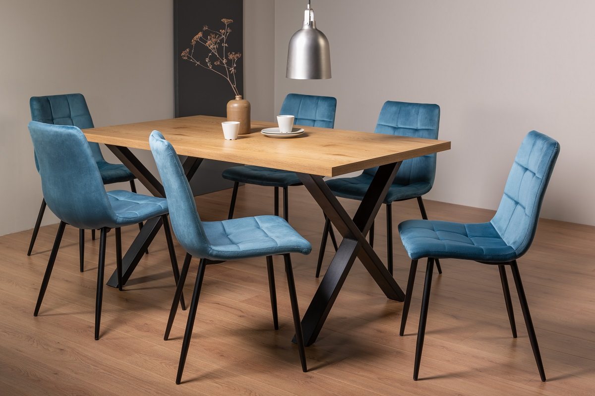 Ramsay X Leg Oak Effect 6 Seater Dining Table & 6 Mondrian Petrol Blue Velvet Fabric Chairs