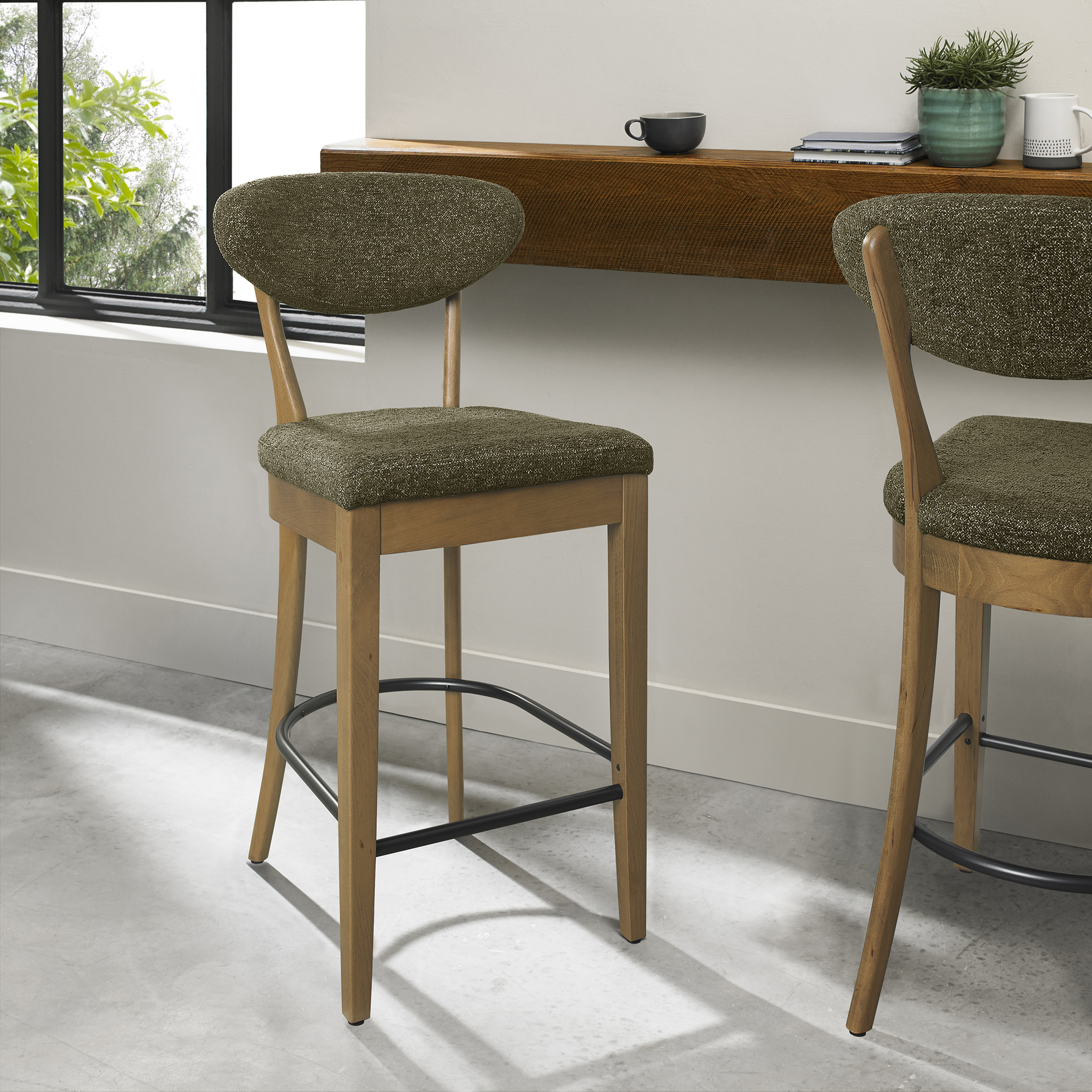 Bosco - Rustic Oak Bar Stool in Green Fabric (Pair)