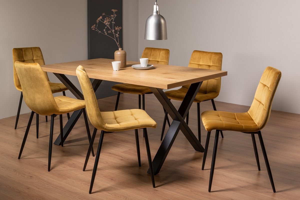 Ramsay X Leg Oak Effect 6 Seater Dining Table & 6 Mondrian Mustard Velvet Fabric Chairs