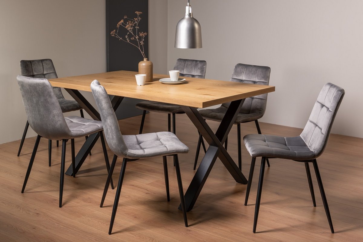 Ramsay X Leg Oak Effect 6 Seater Dining Table & 6 Mondrian Grey Velvet Fabric Chairs