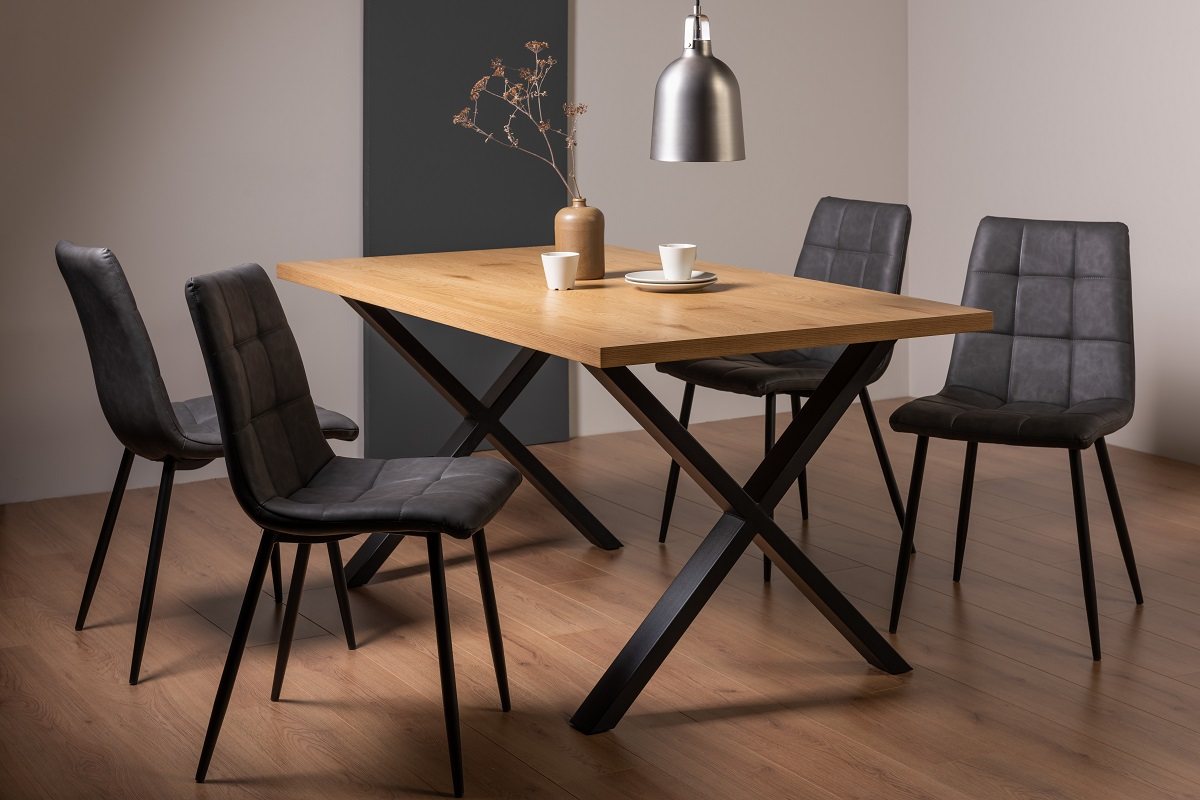 Ramsay X Leg Oak Effect 6 Seater Dining Table & 4 Mondrian Dark Grey Faux Leather Chairs